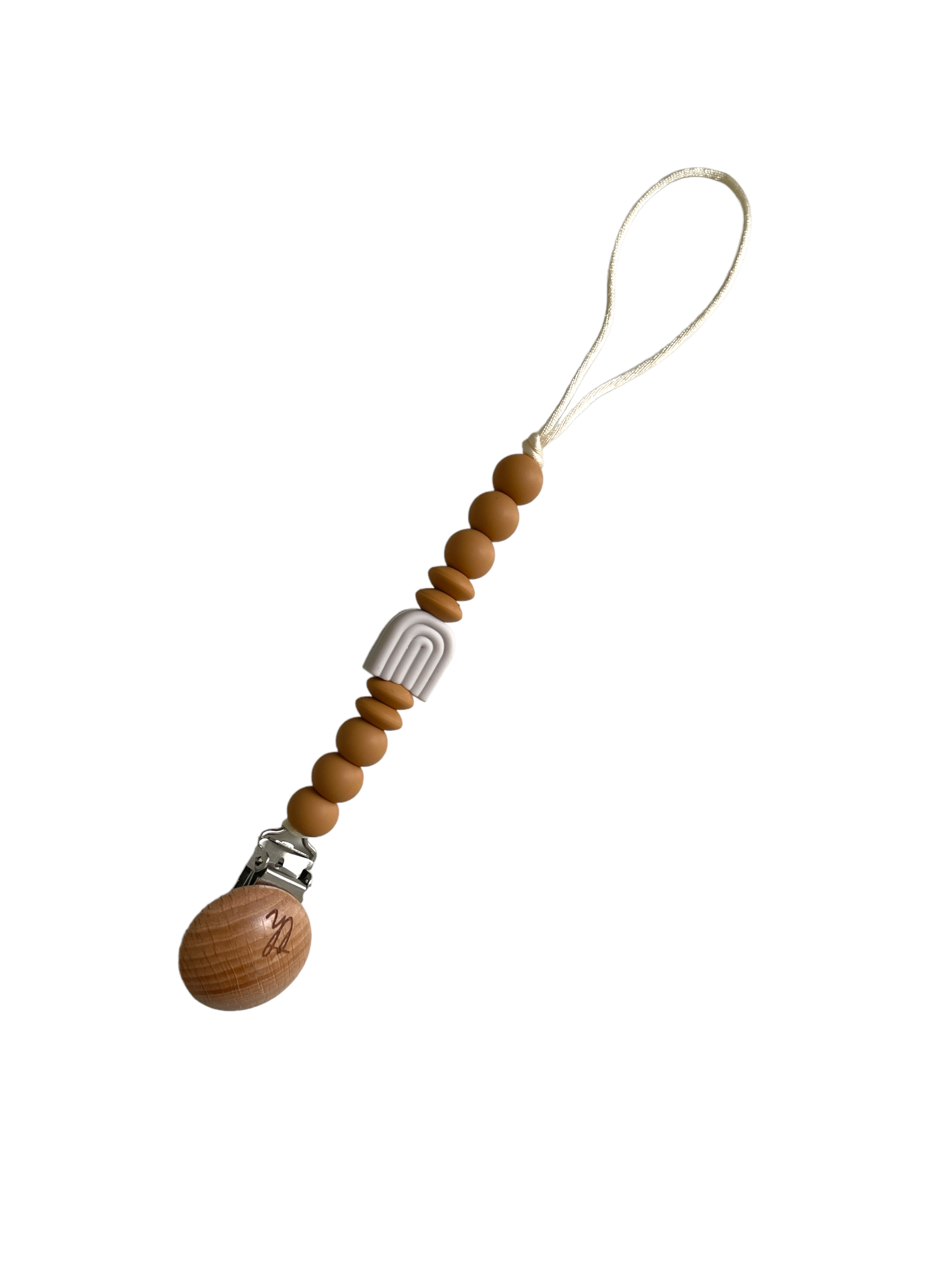 Wooden pacifier clip with metal accents on a white background