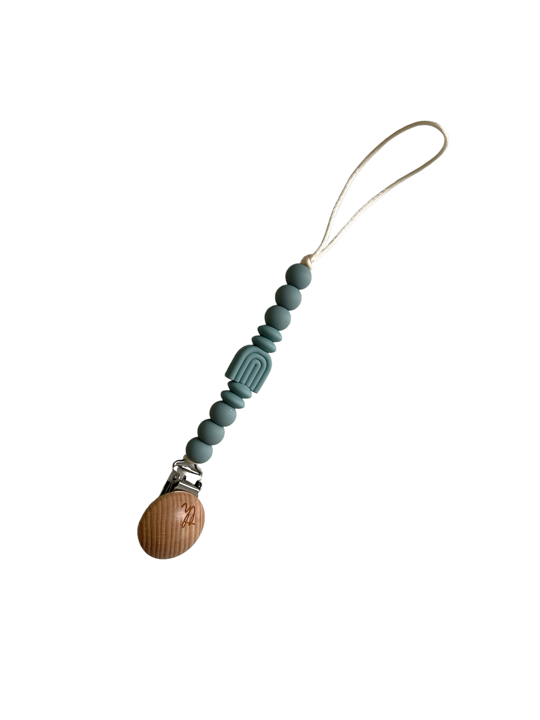 Decorative keychain with blue beads and wooden accent on a white background