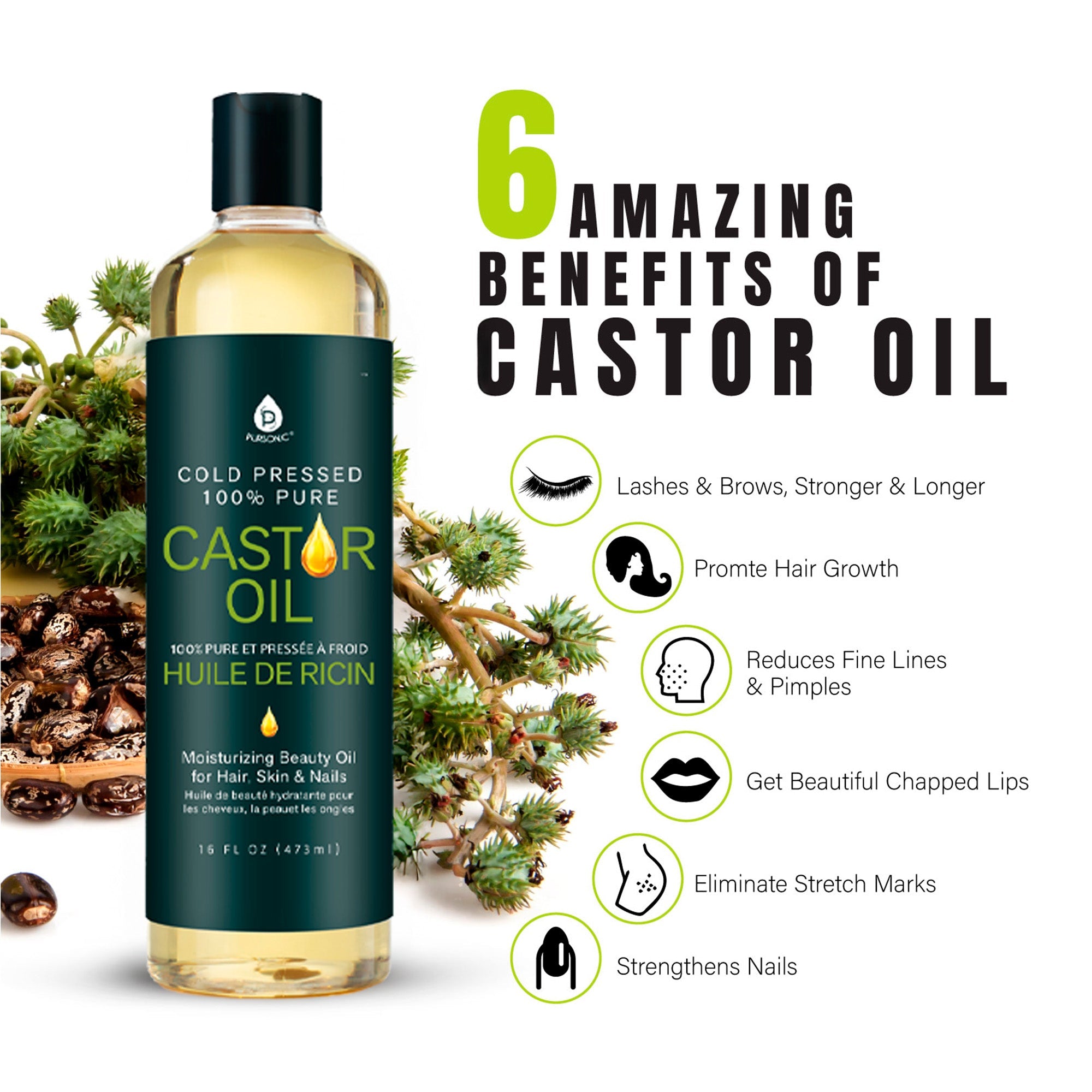 Pursonic 100% Pure Cold Pressed Castor Oil 16 Oz