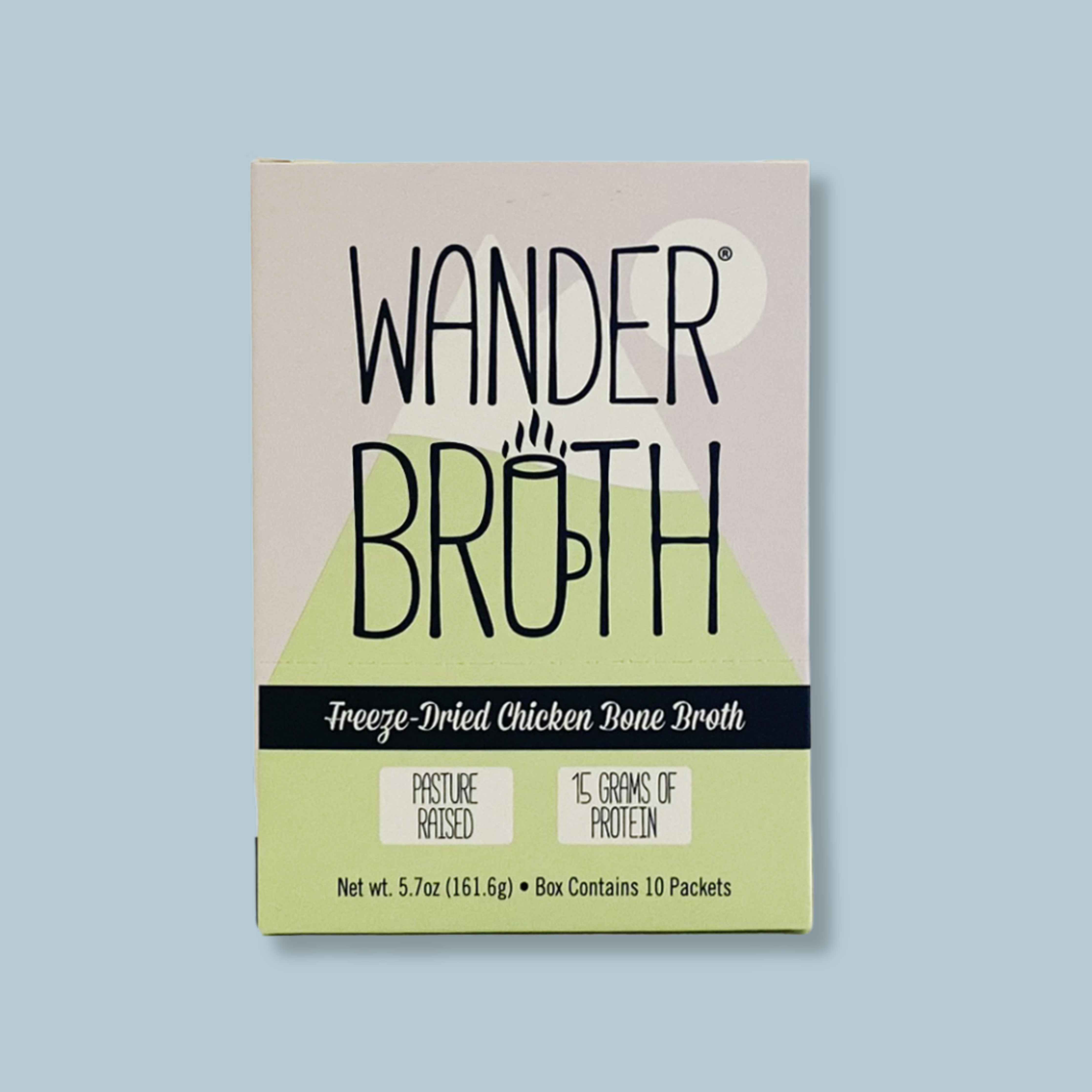 A package of Wander Broth Freeze-Dried Chicken Bone Broth, featuring a light beige and pale green box with black lettering, set against a solid light blue background.