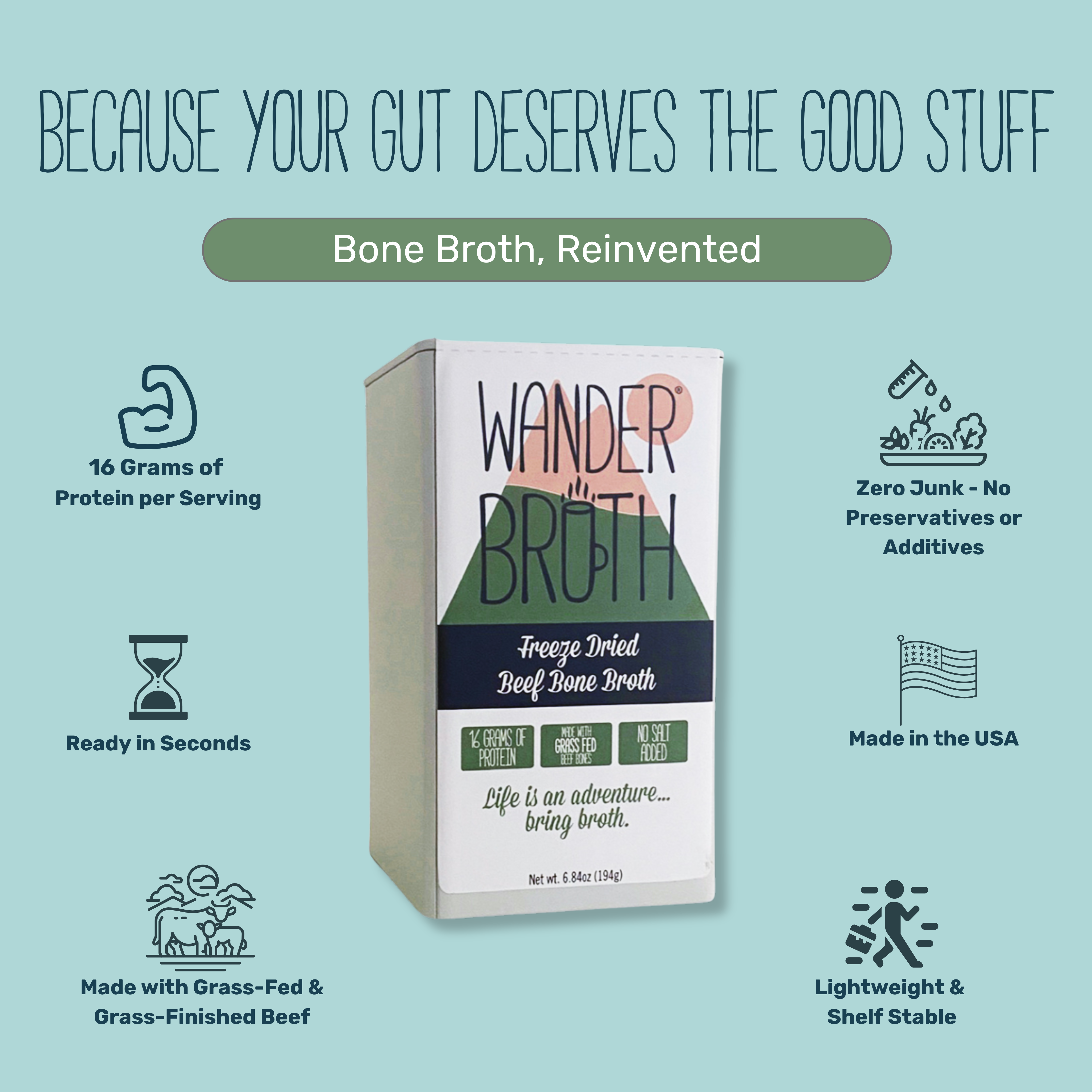 Wander Broth No Salt Added Grass-Fed Beef Bone Broth - Bulk - 2 Pack
