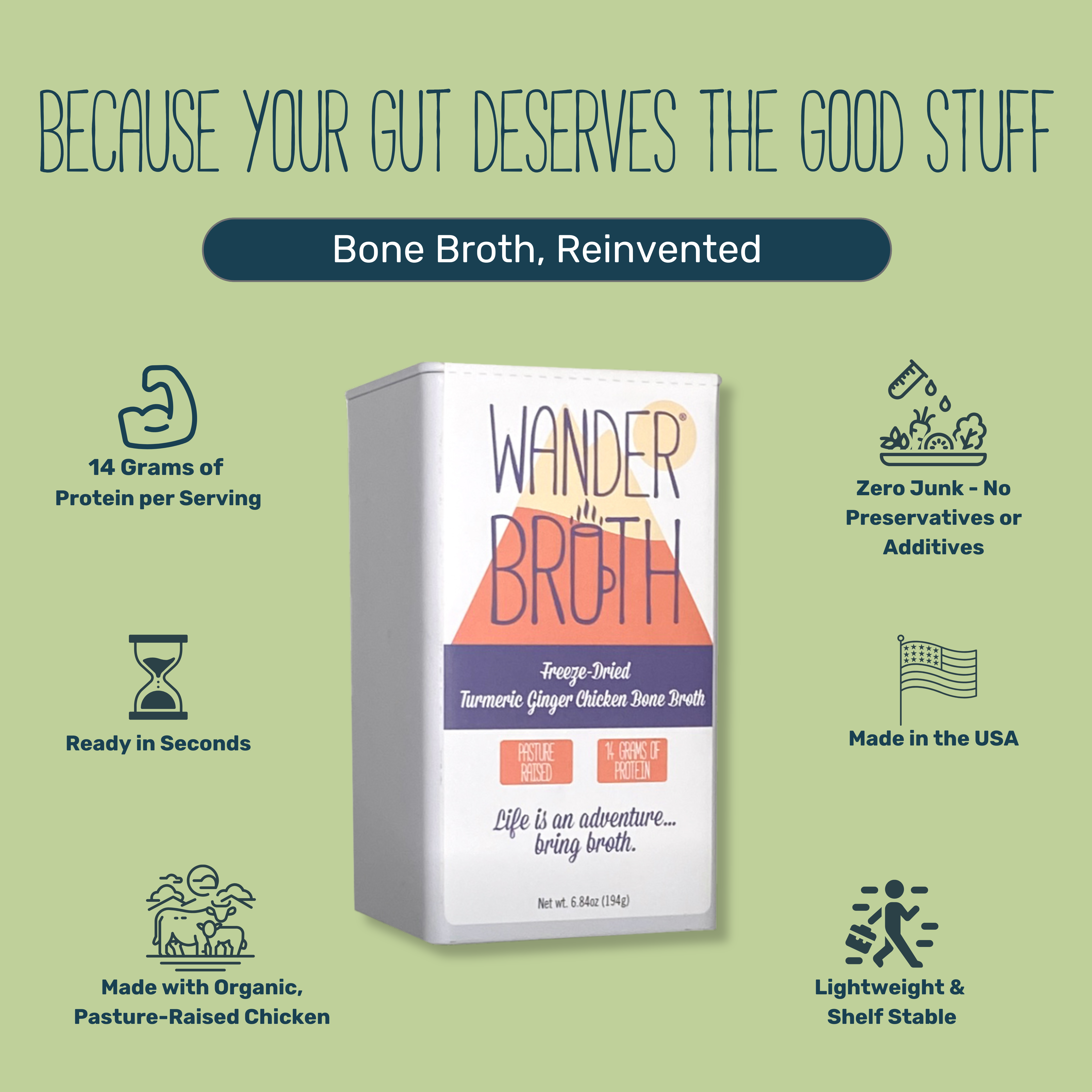 Wander Broth Organic Pasture-Raised Turmeric Ginger Chicken Bone Broth - Bulk - 2 Pack
