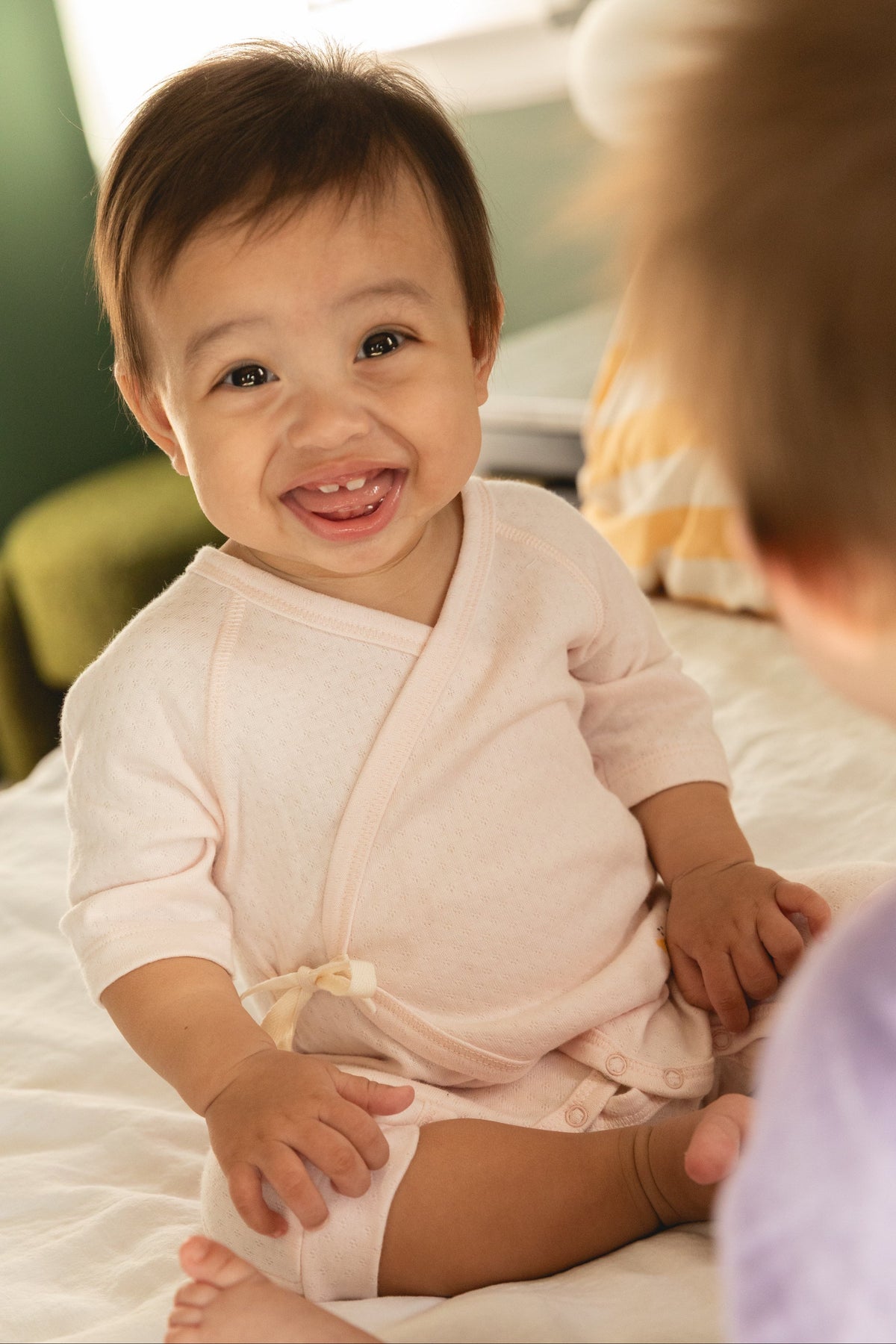 Dodo Banana soft pink pointelle baby kimono onesie