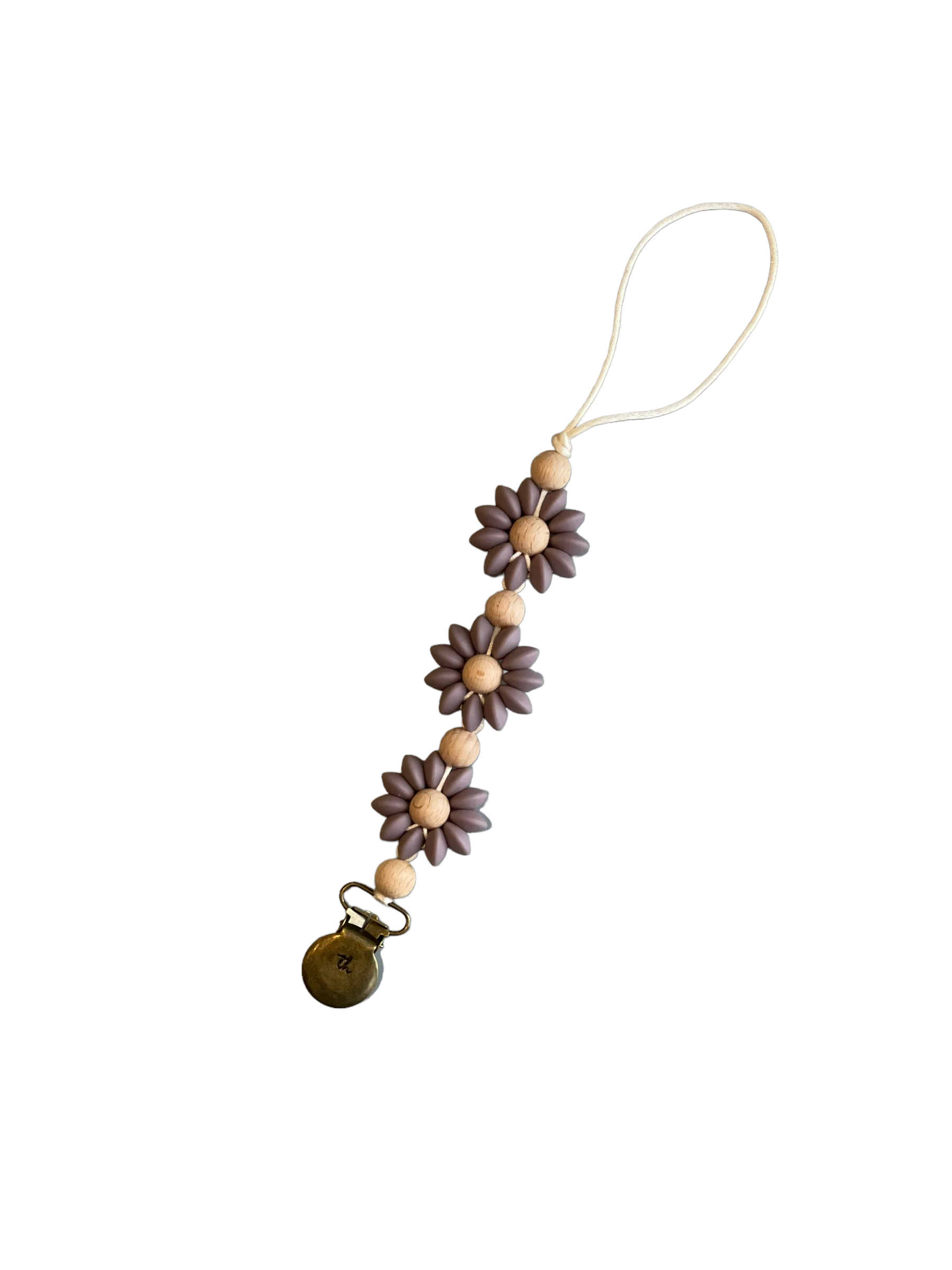 Phone charm with floral beads and a button on a white background