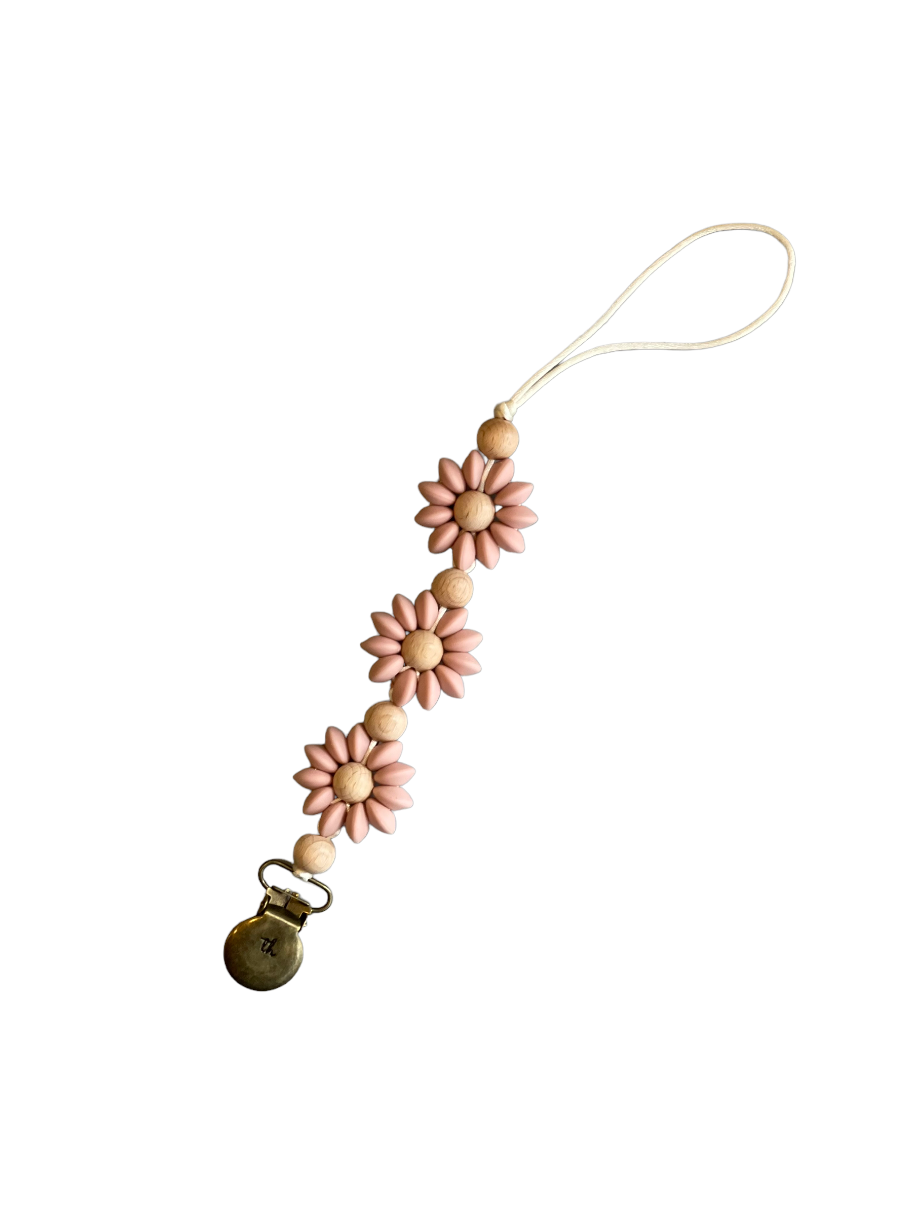 Floral-themed pacifier clip with wooden beads on a white background