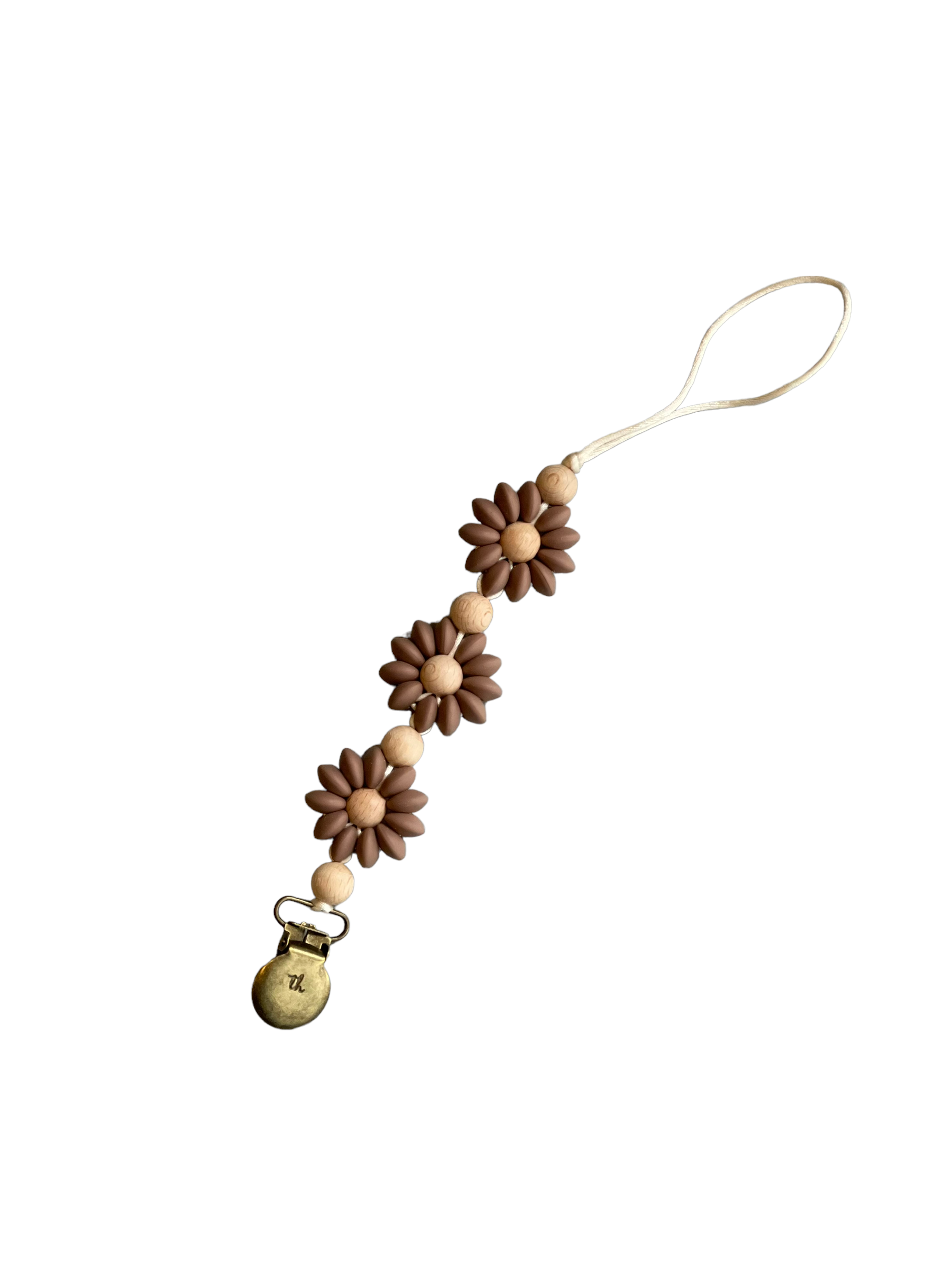Decorative keychain with wooden flower-shaped beads on a white background