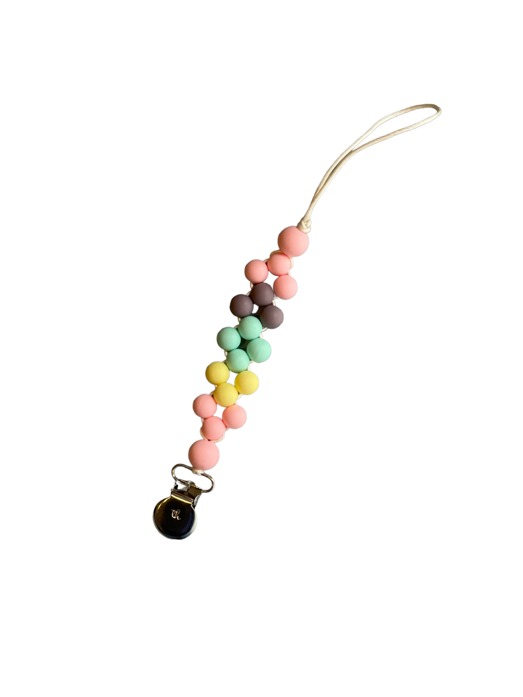 Colorful beaded pacifier clip on a white background