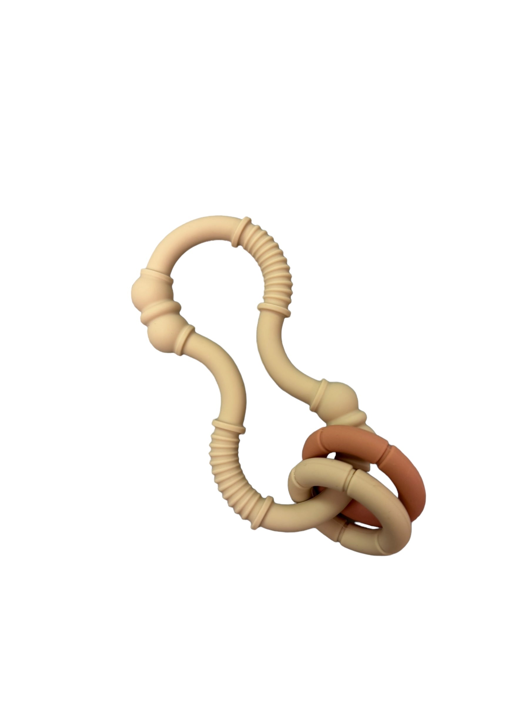 Beige and brown baby teething ring on a white background