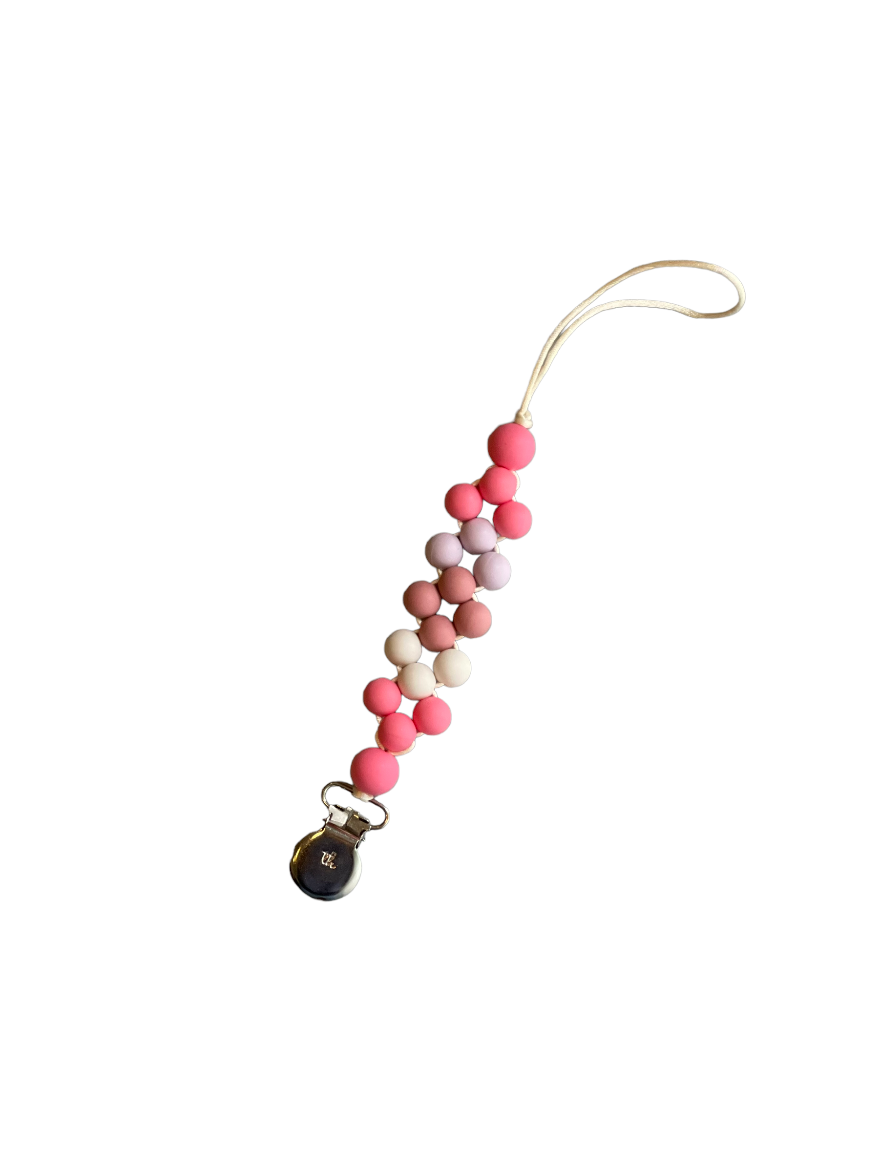 Pink and white beaded keychain with a pendant on a white background