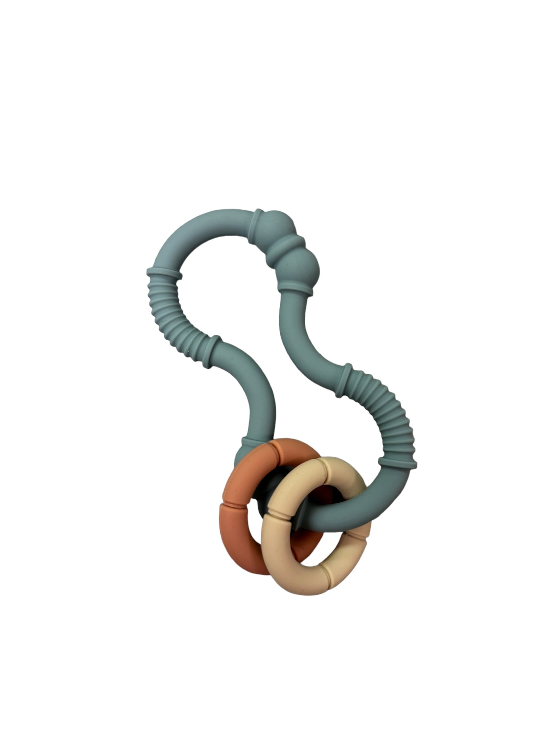 Teething ring with knotted design and colored rings on a white background