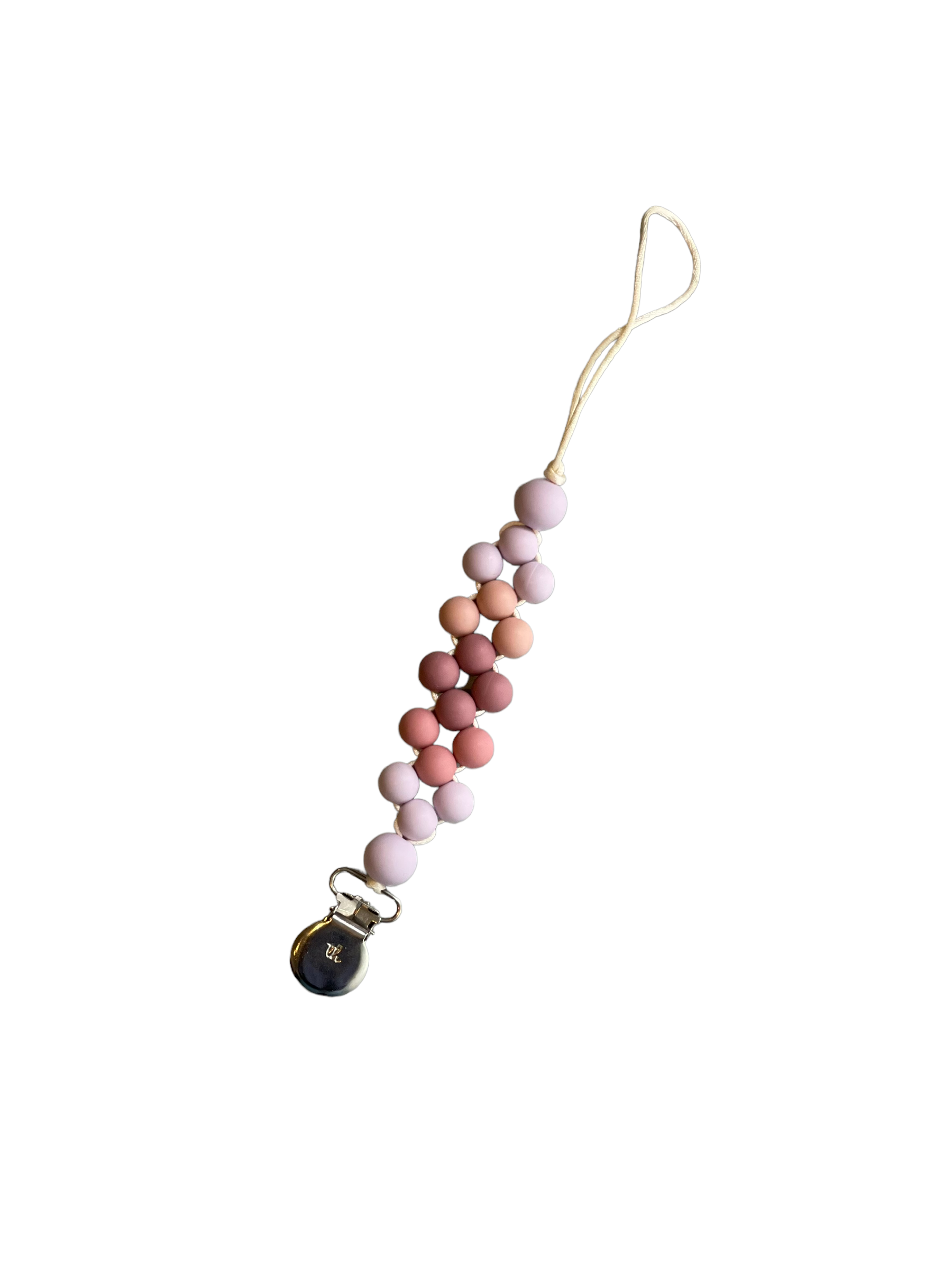 Beaded pacifier clip with pink and gold beads on a white background