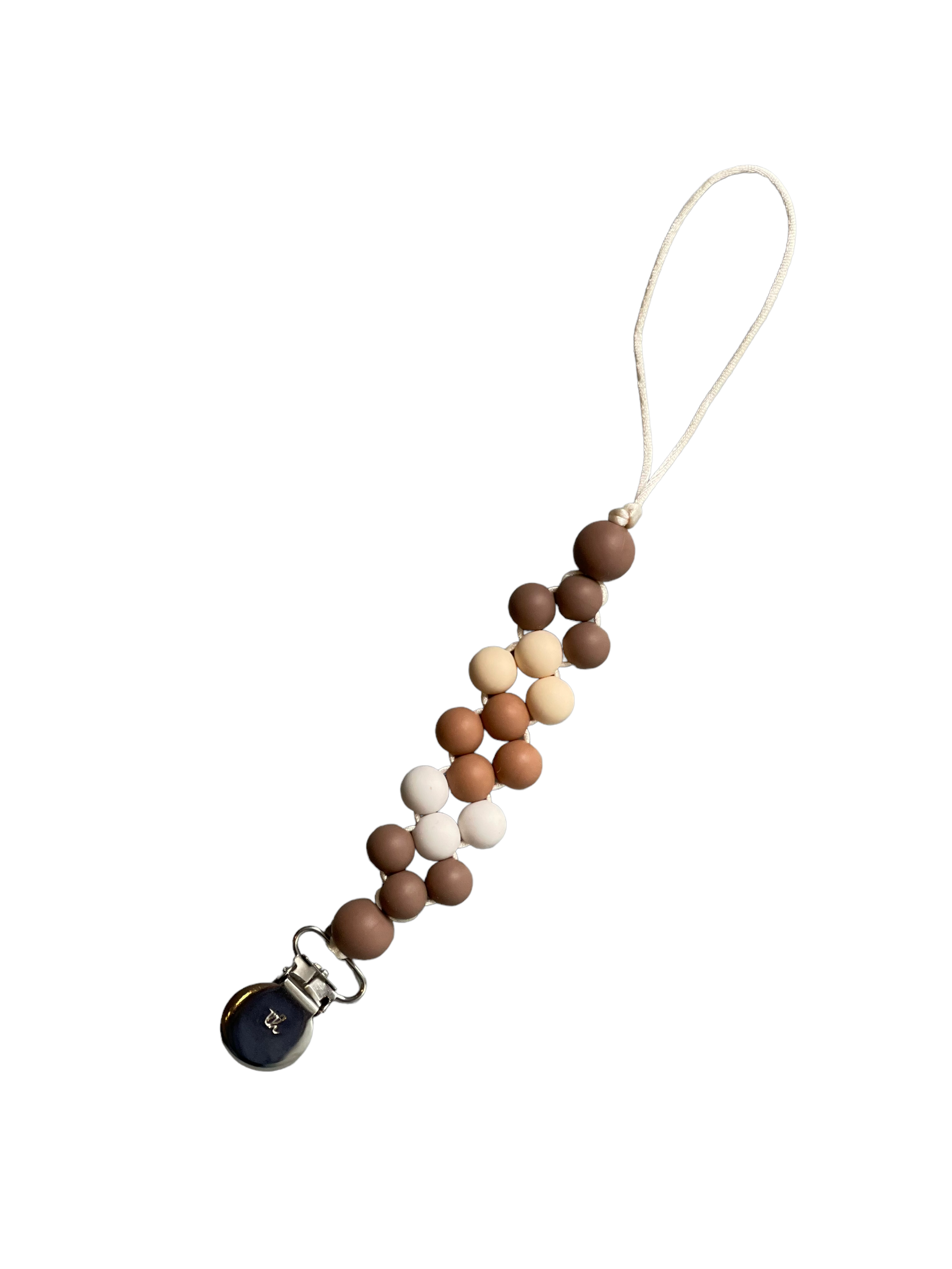 Beaded pacifier clip with a white background