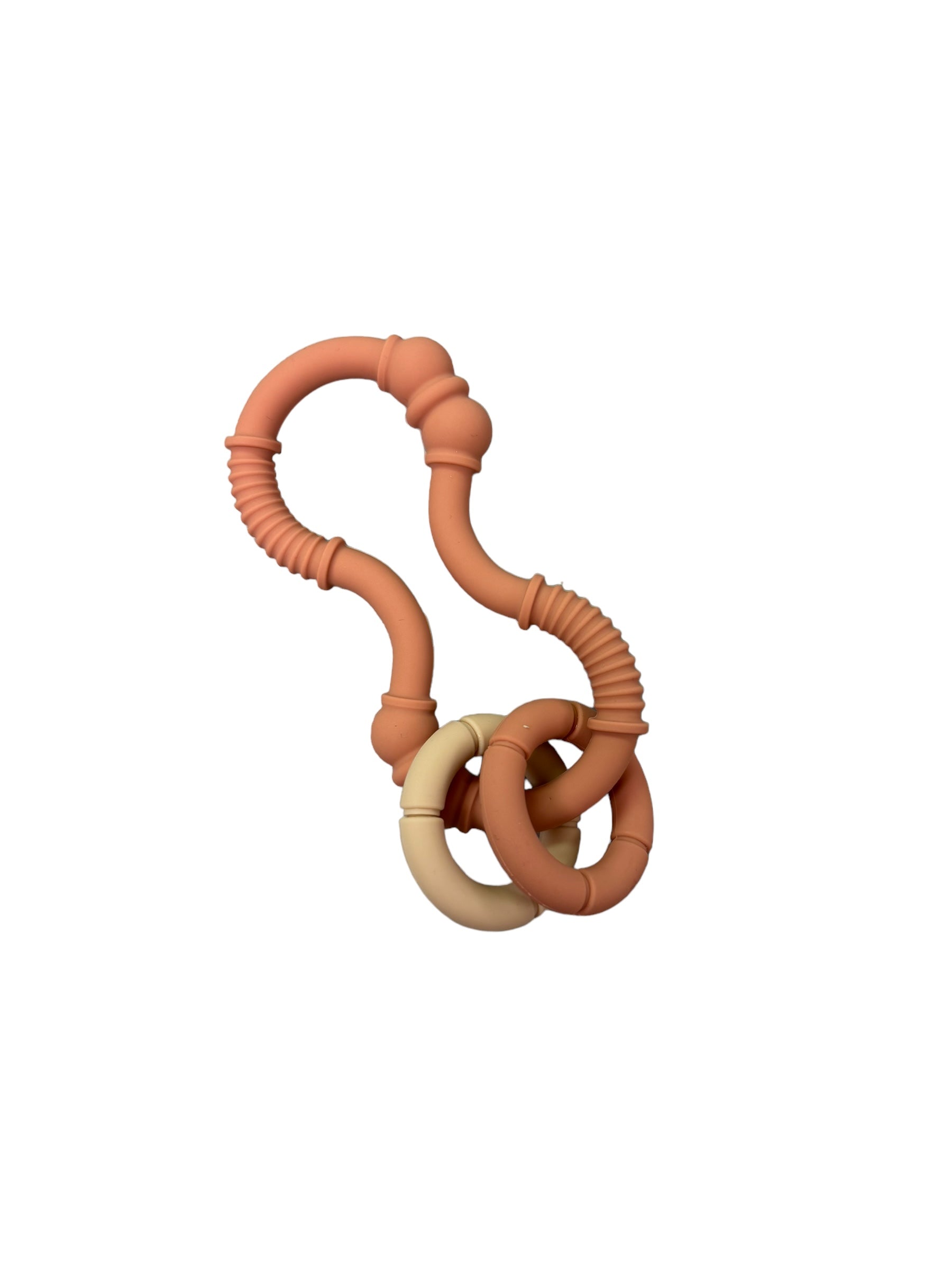 Silicone teething ring with multiple loops on a white background