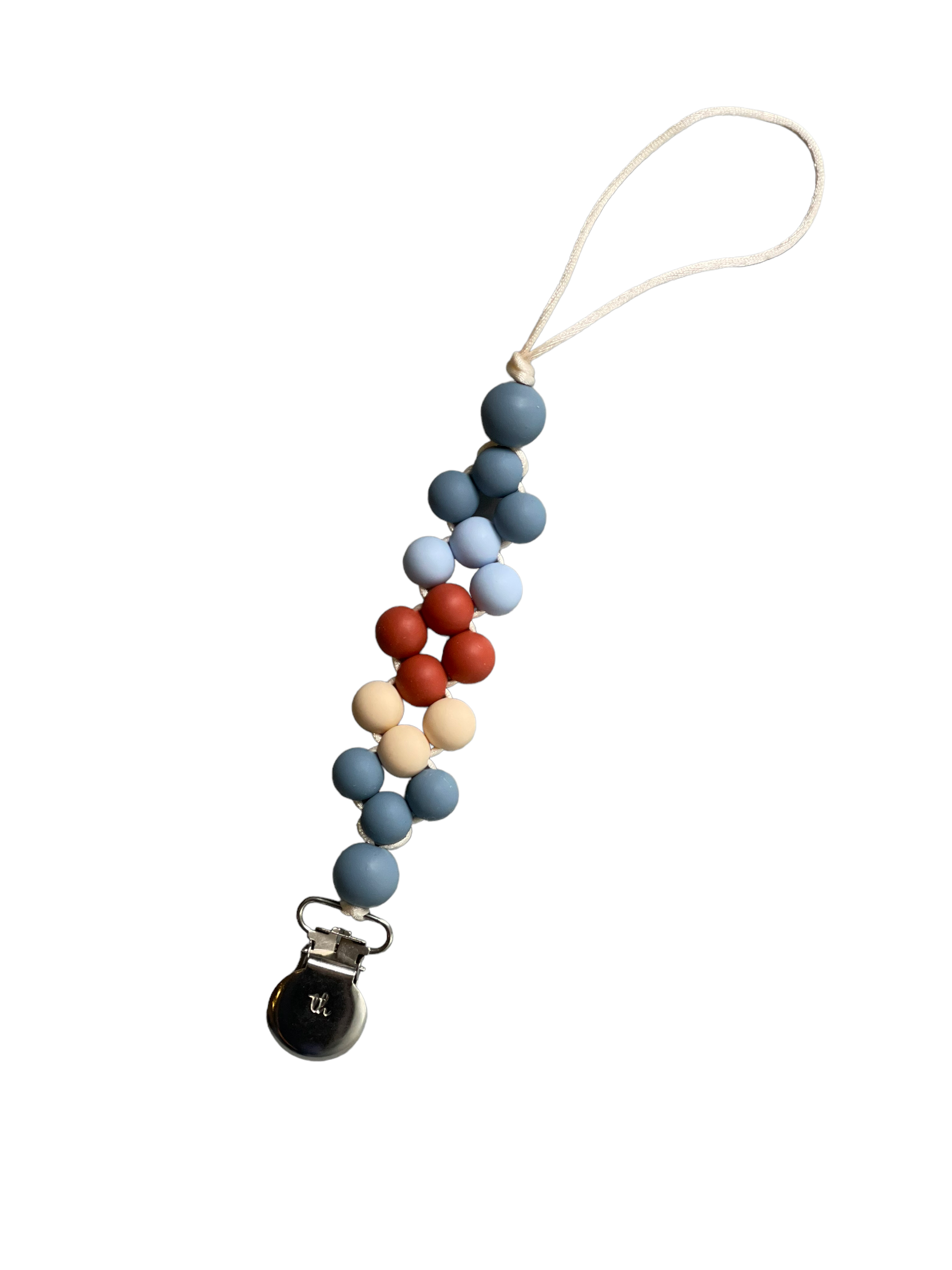 Beaded pacifier clip with colorful beads on a white background