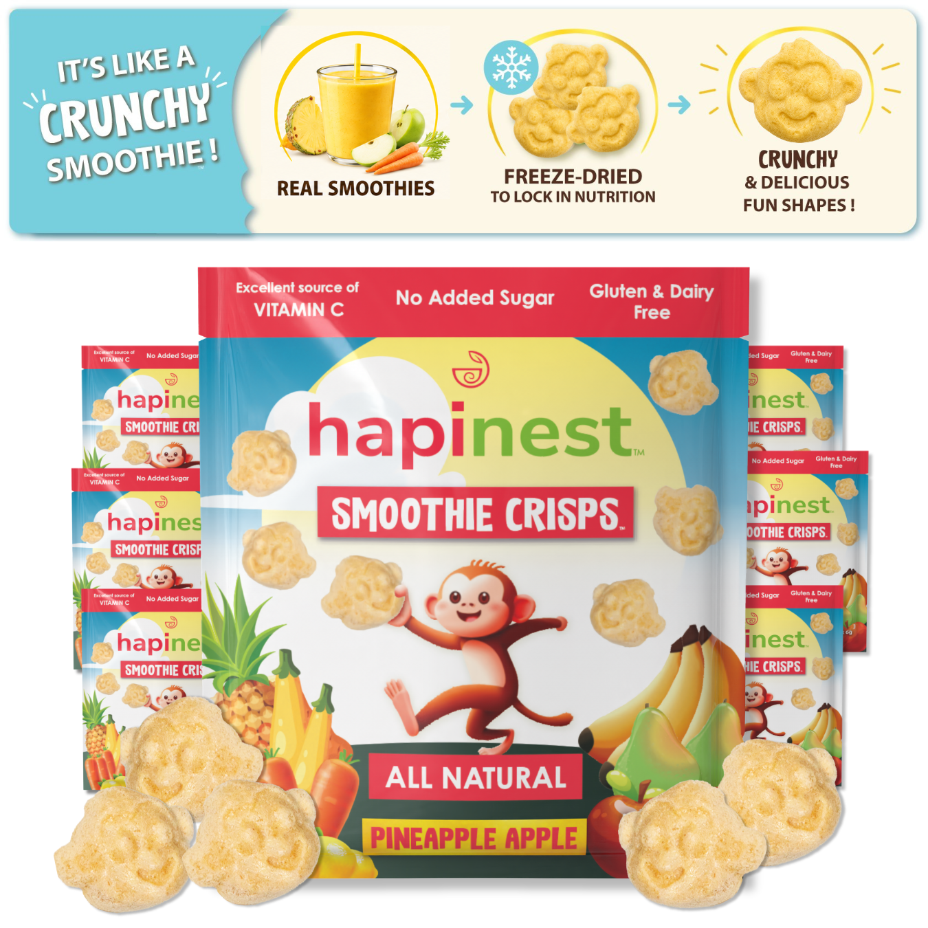 Hapines Smoothie Crisps packaging with cartoon monkey and fruit illustrations on a white background