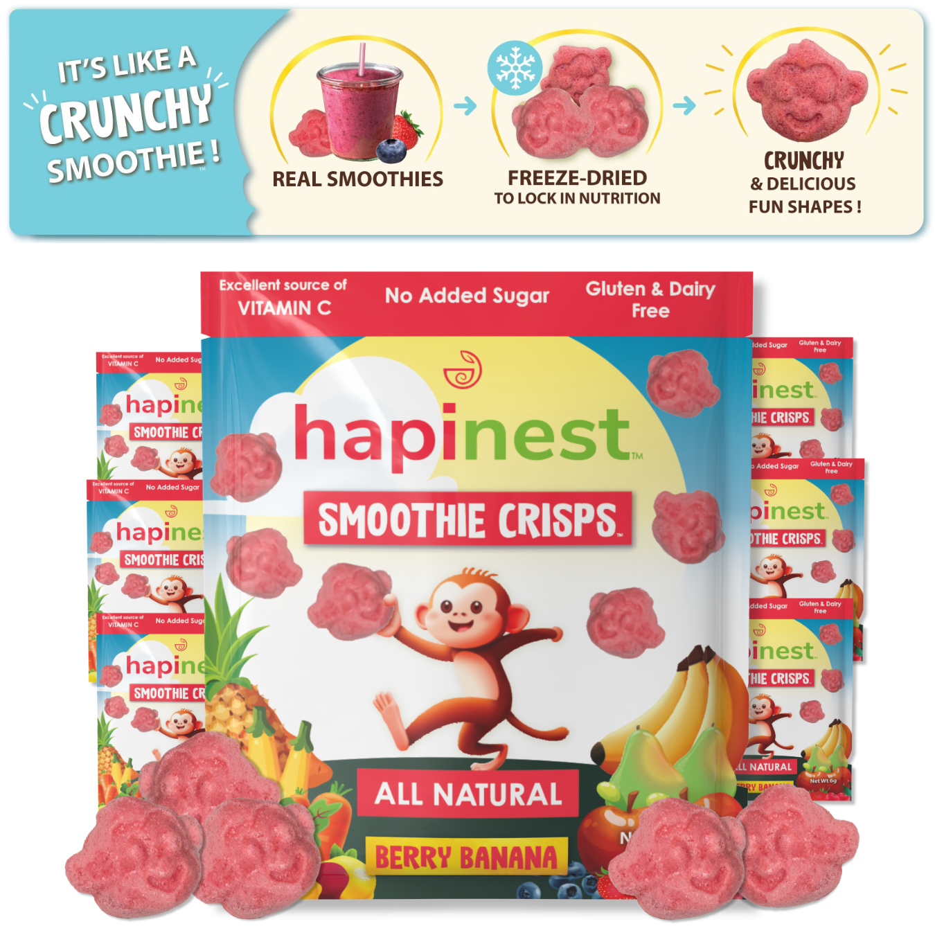 Hapines Smoothie Crisps packaging with cartoon monkey and fruit illustrations on a white background.