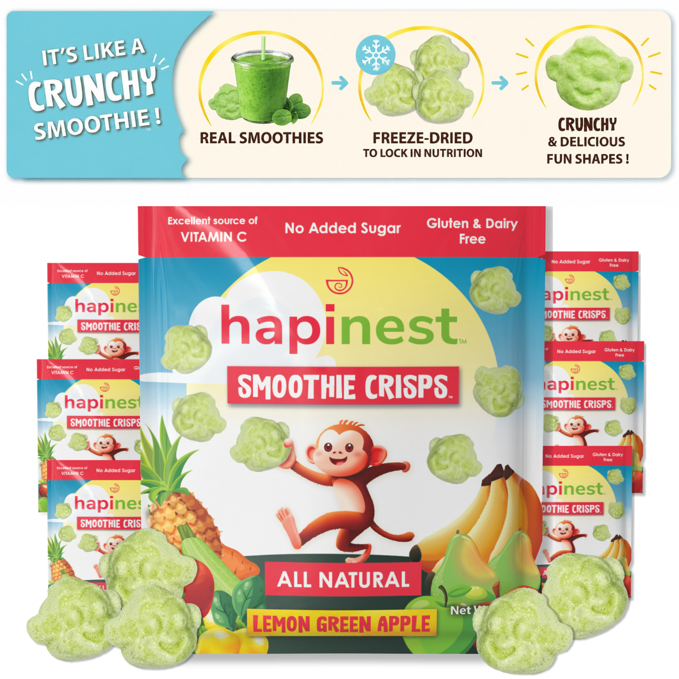 Hapines Smoothie Crisps packaging with cartoon monkey and fruit graphics on a white background