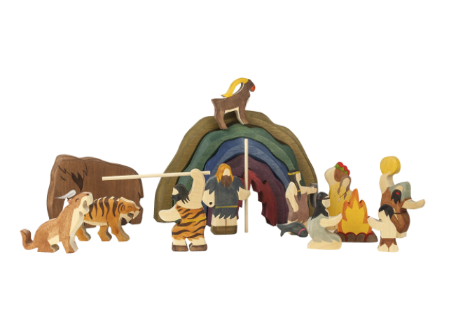 Wooden toy set with characters and animals around a rainbow-colored tent on a white background