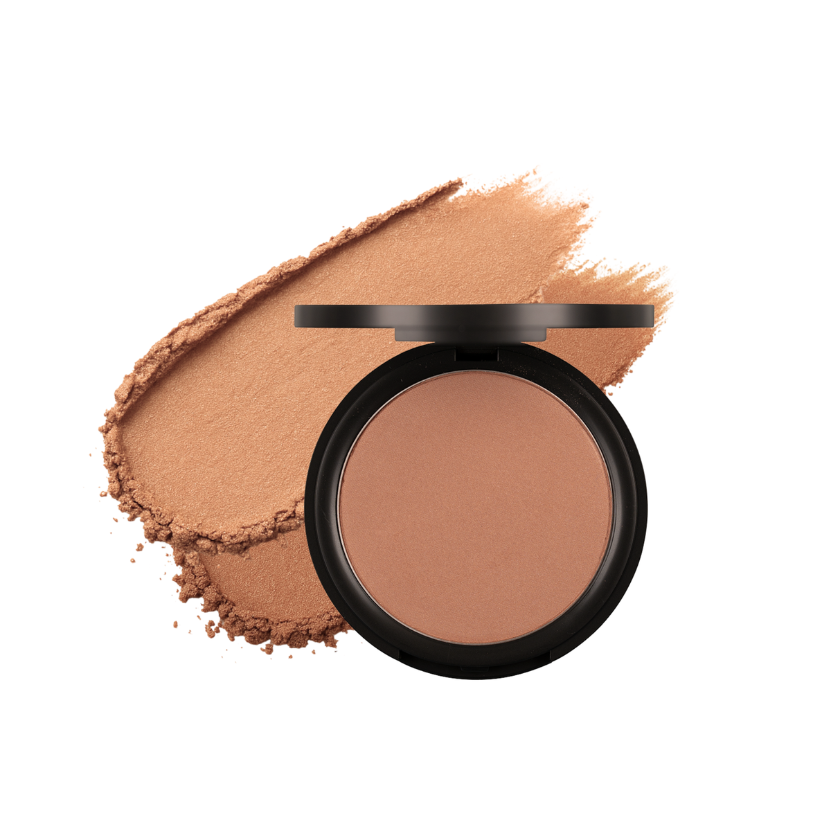 Compact bronzer with a swatch on a white background