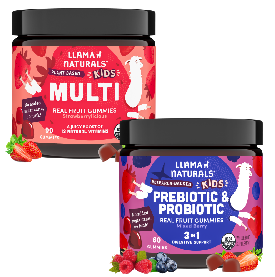 Two jars of Llama Naturals Kids health products on a white background