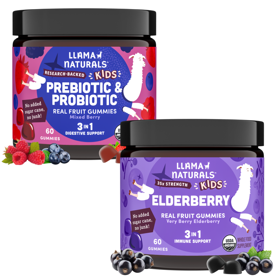 Two jars of Llama Naturals Kids' prebiotic and probiotic, and elderberry gummies on a white background.