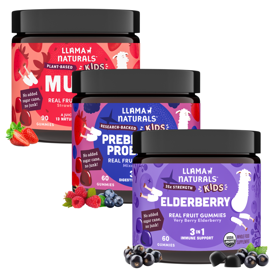 Three jars of Llama Naturals Kids gummies on a white background