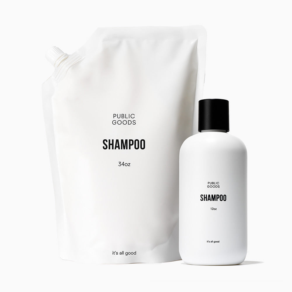 Public Goods shampoo bottle and packaging on a white background