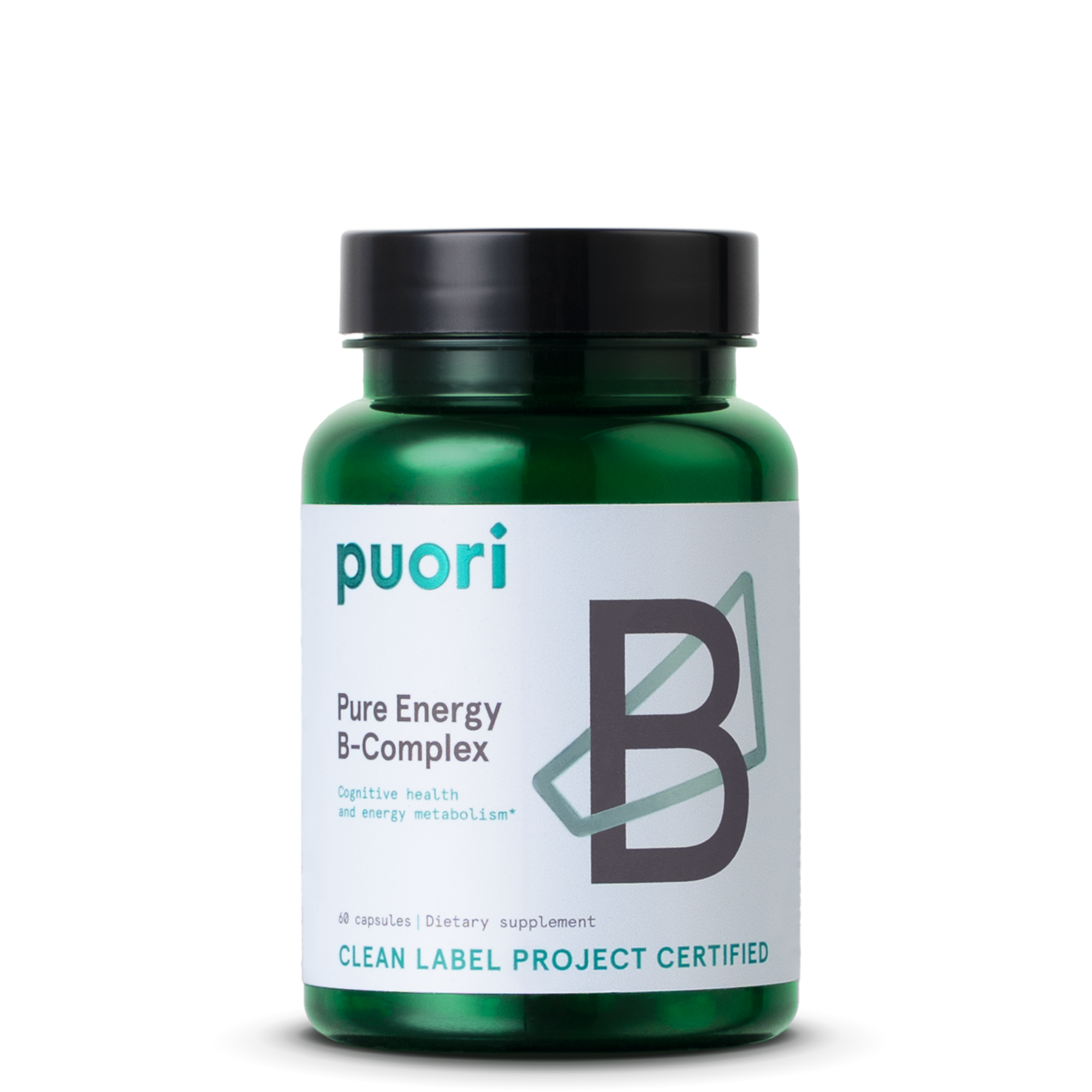 Green supplement bottle labeled 'puori Pure Energy B-Complex' on a white background