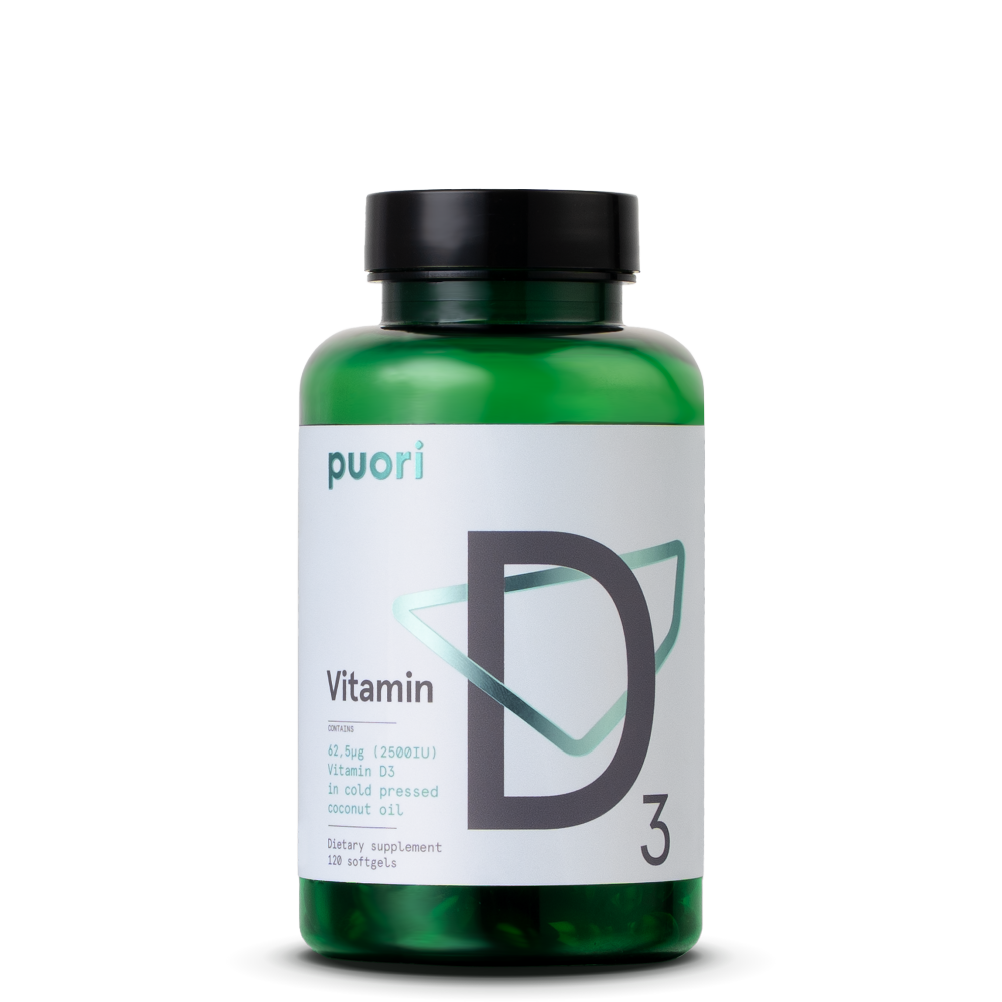 Green supplement bottle with black cap on a white background