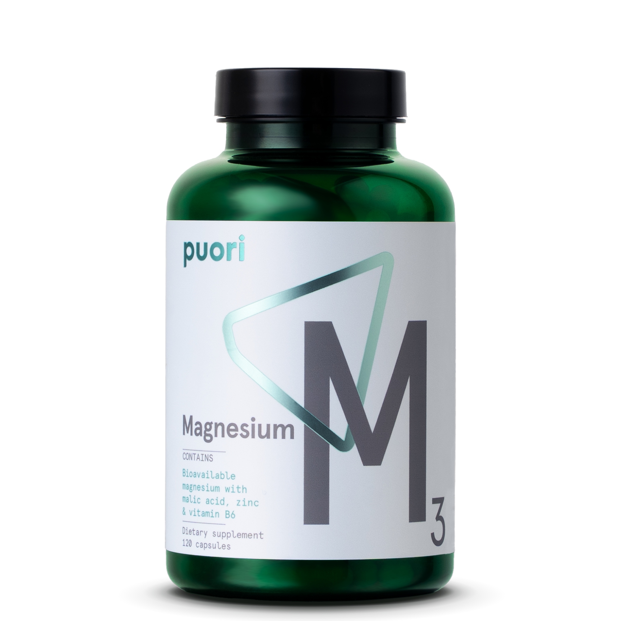 Green supplement bottle labeled 'puori Magnesium M3' on a white background