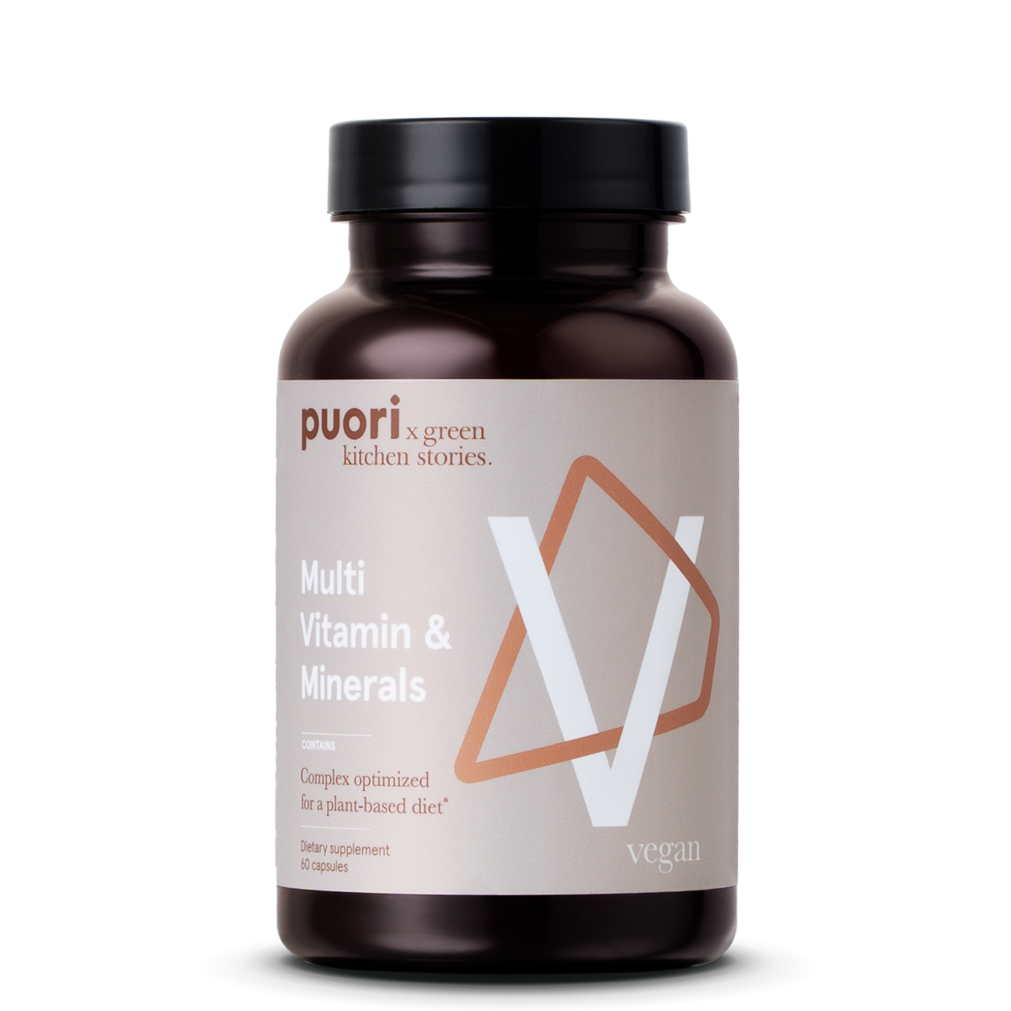 Multivitamin supplement bottle with 'puori x green kitchen stories' branding on a white background