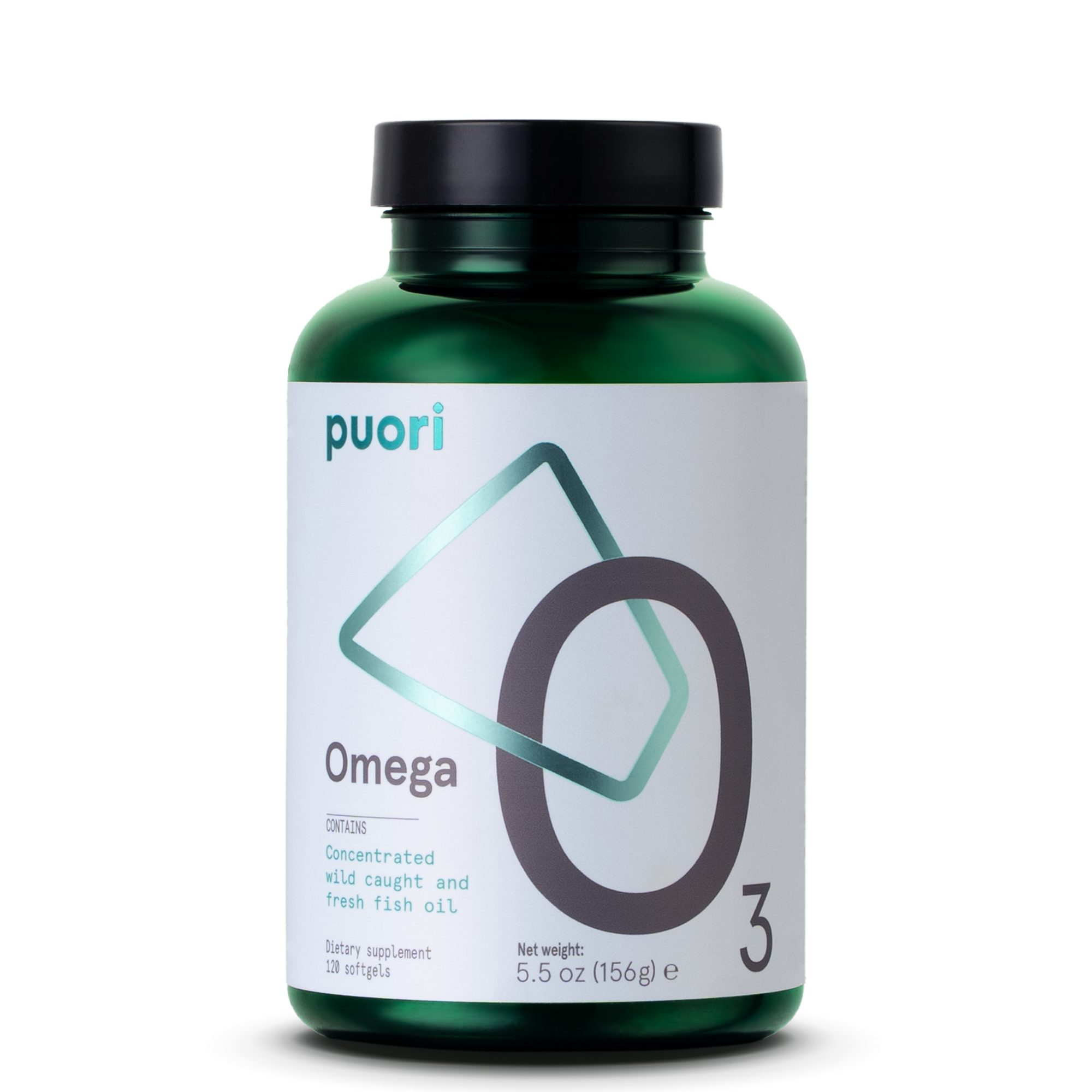 Green supplement bottle labeled 'puori Omega 3' on a white background
