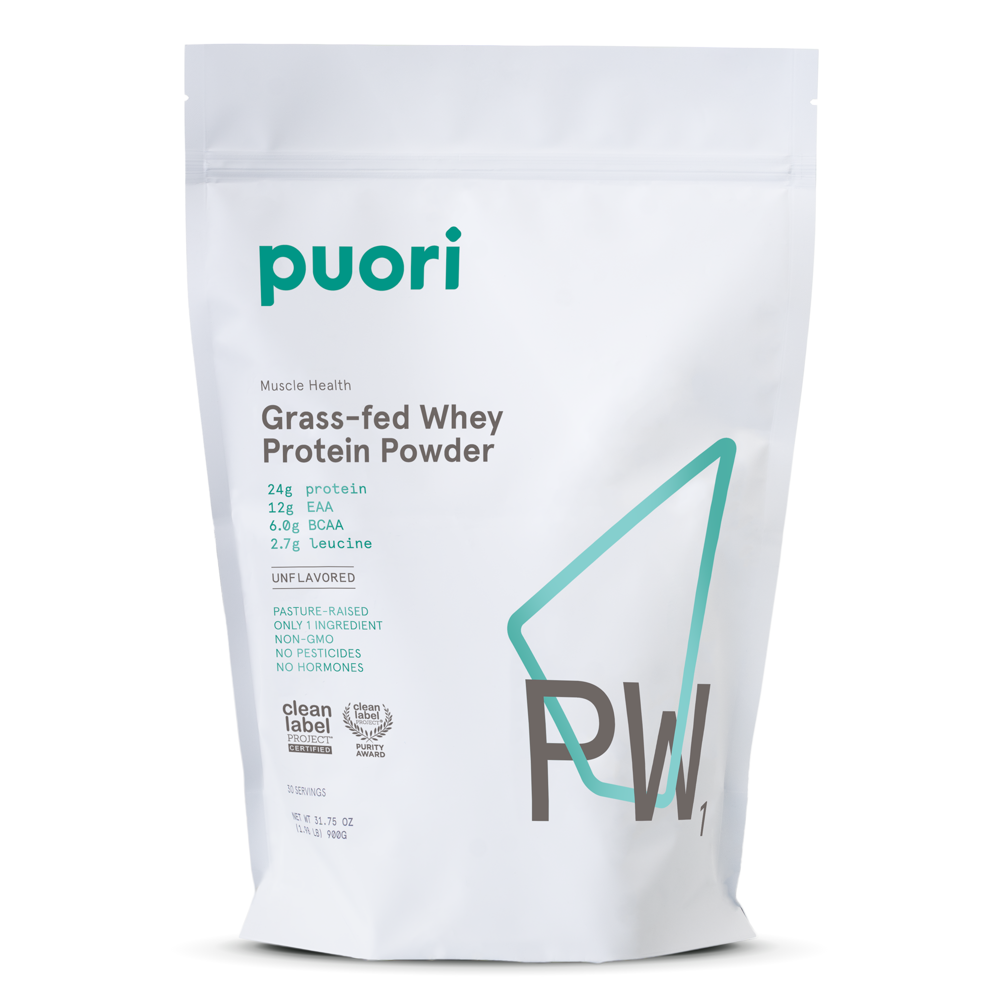 Puori grass-fed whey protein powder package on a white background