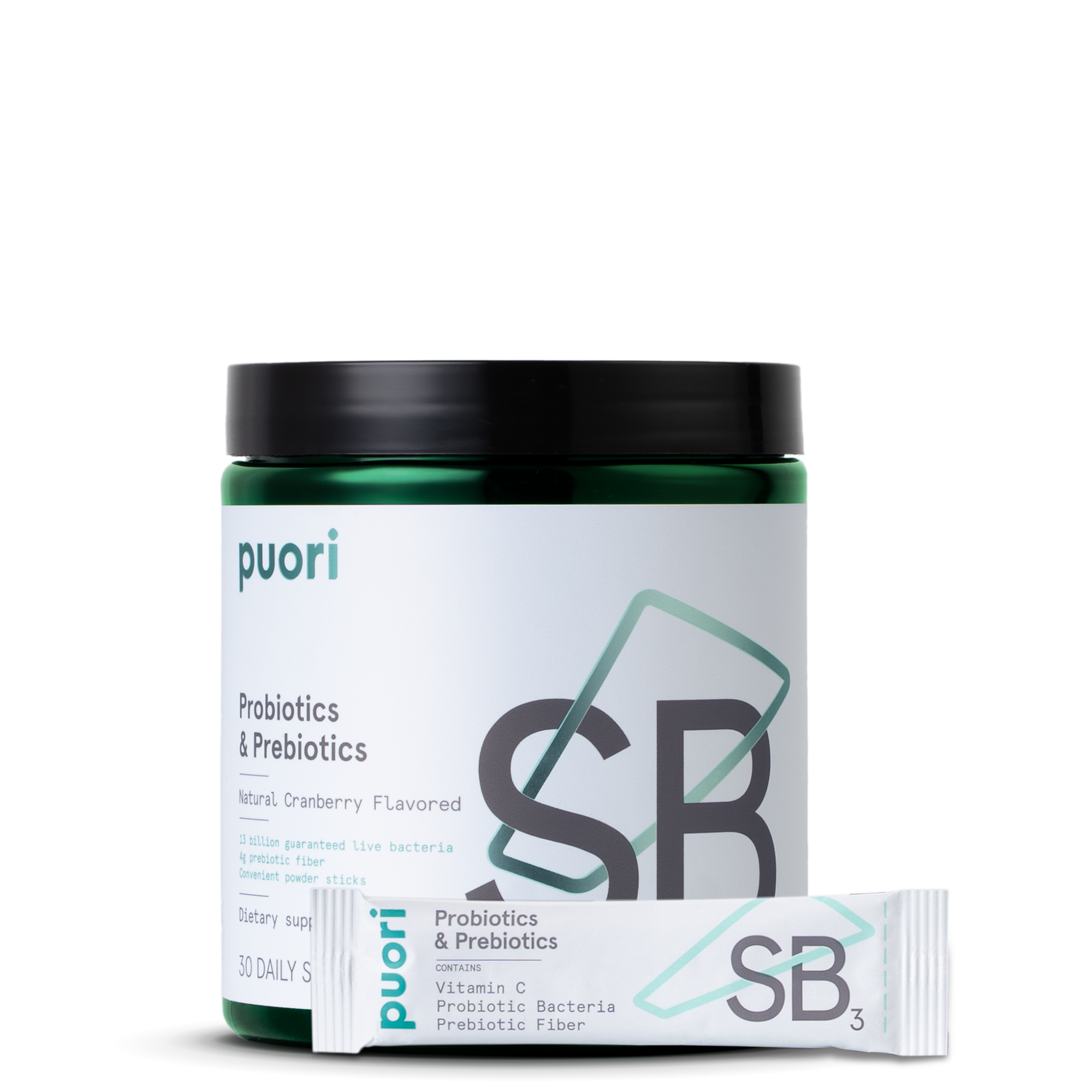 Puori probiotics and prebiotics product packaging on a white background