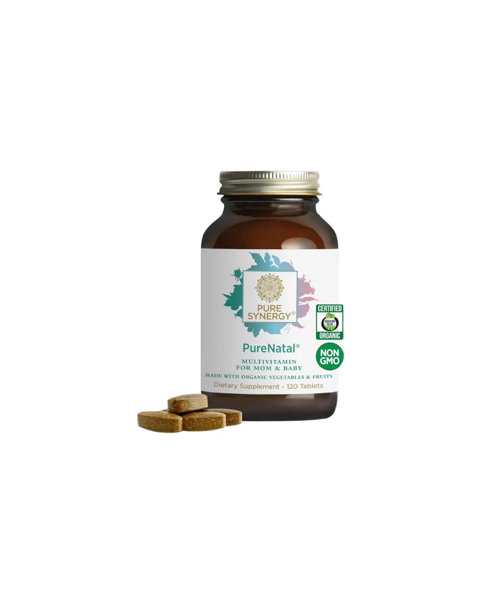 Multivitamin bottle labeled 'Pure Natal' by Pure Synergy on a white background