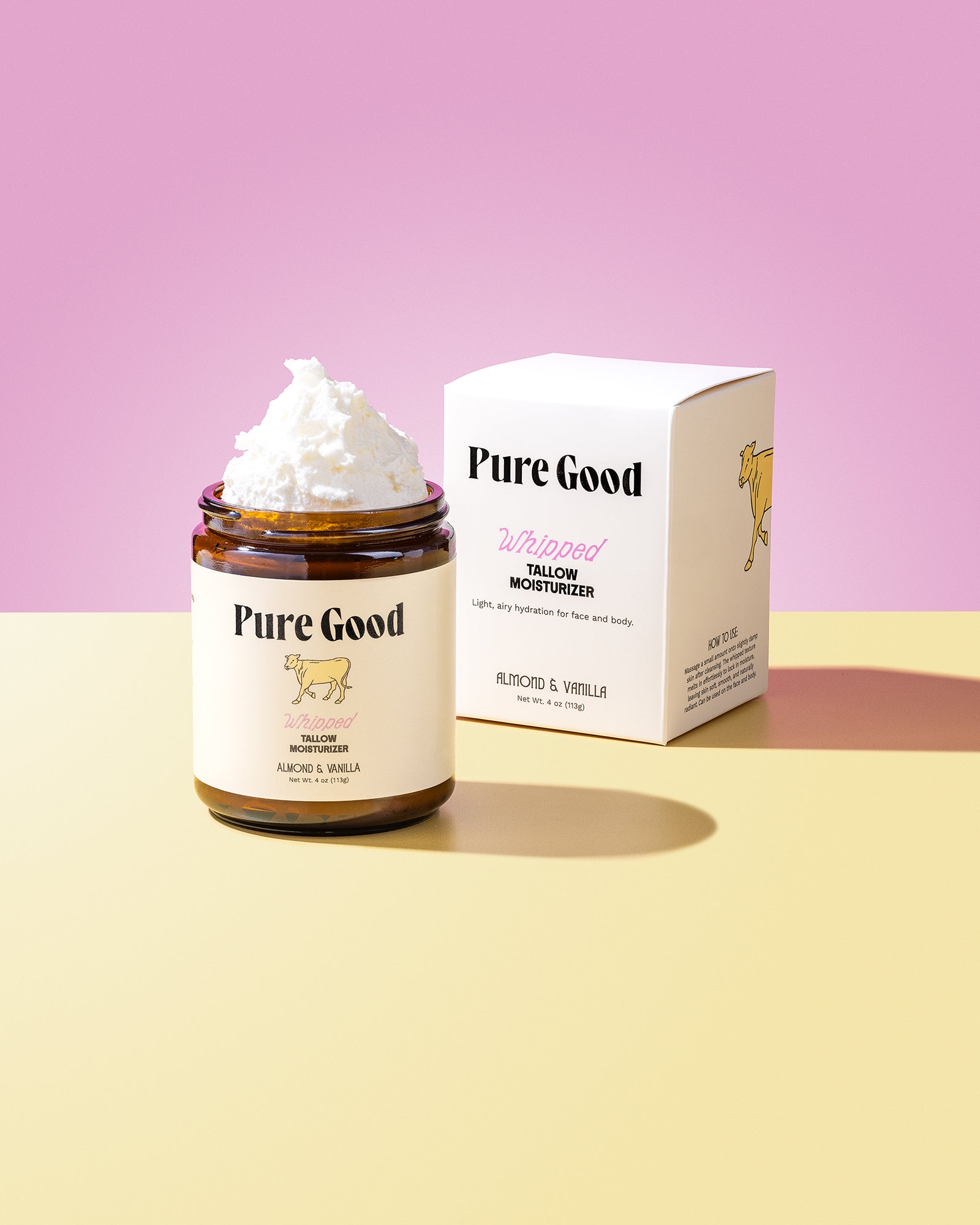 Jar of whipped cream with 'Pure Good' branding on a pink and yellow gradient background