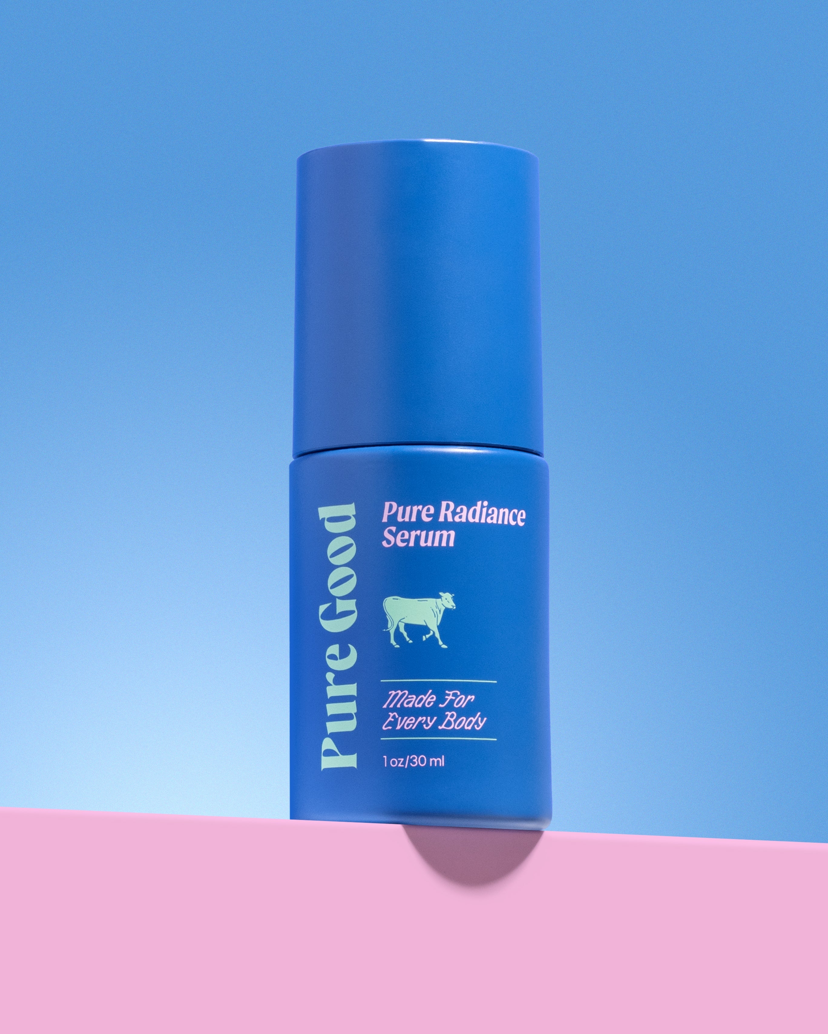 Blue serum bottle labeled 'Pure Good Pure Radiance Serum' on a pink and blue background