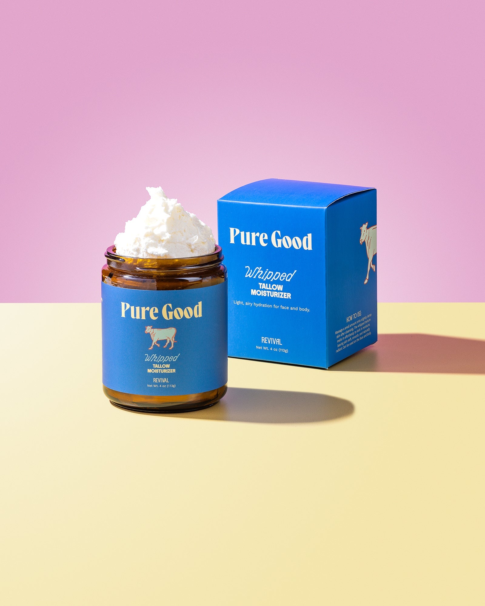 Jar of 'Pure Good' whipped product with a blue box on a gradient background