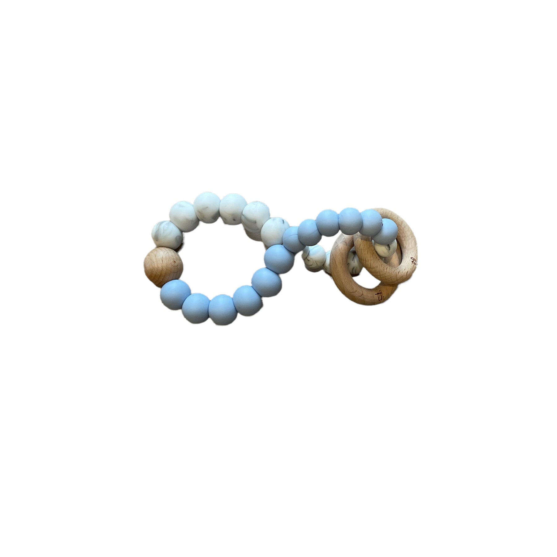 Teething ring with blue and beige beads on a white background