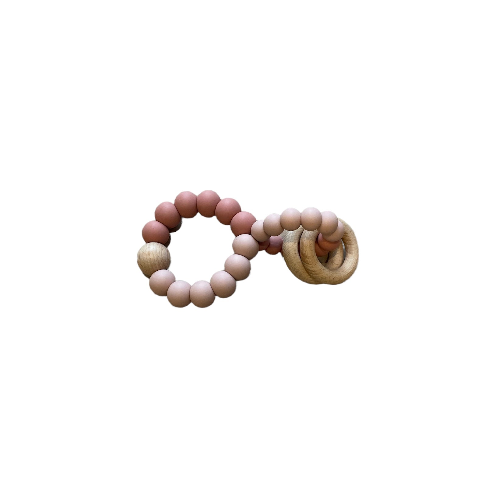 Teething ring with pink and beige beads on a white background