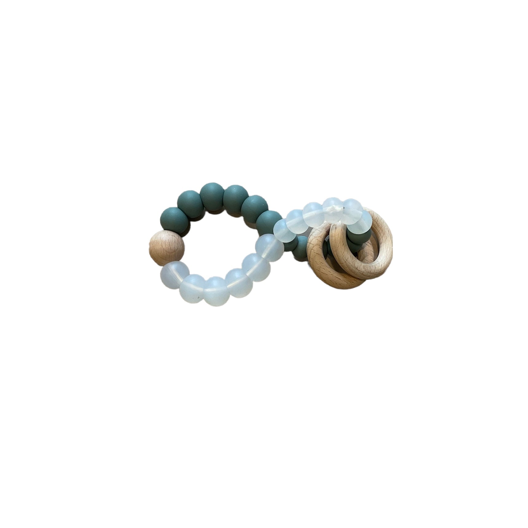 Teething ring with beads and wooden elements on a white background