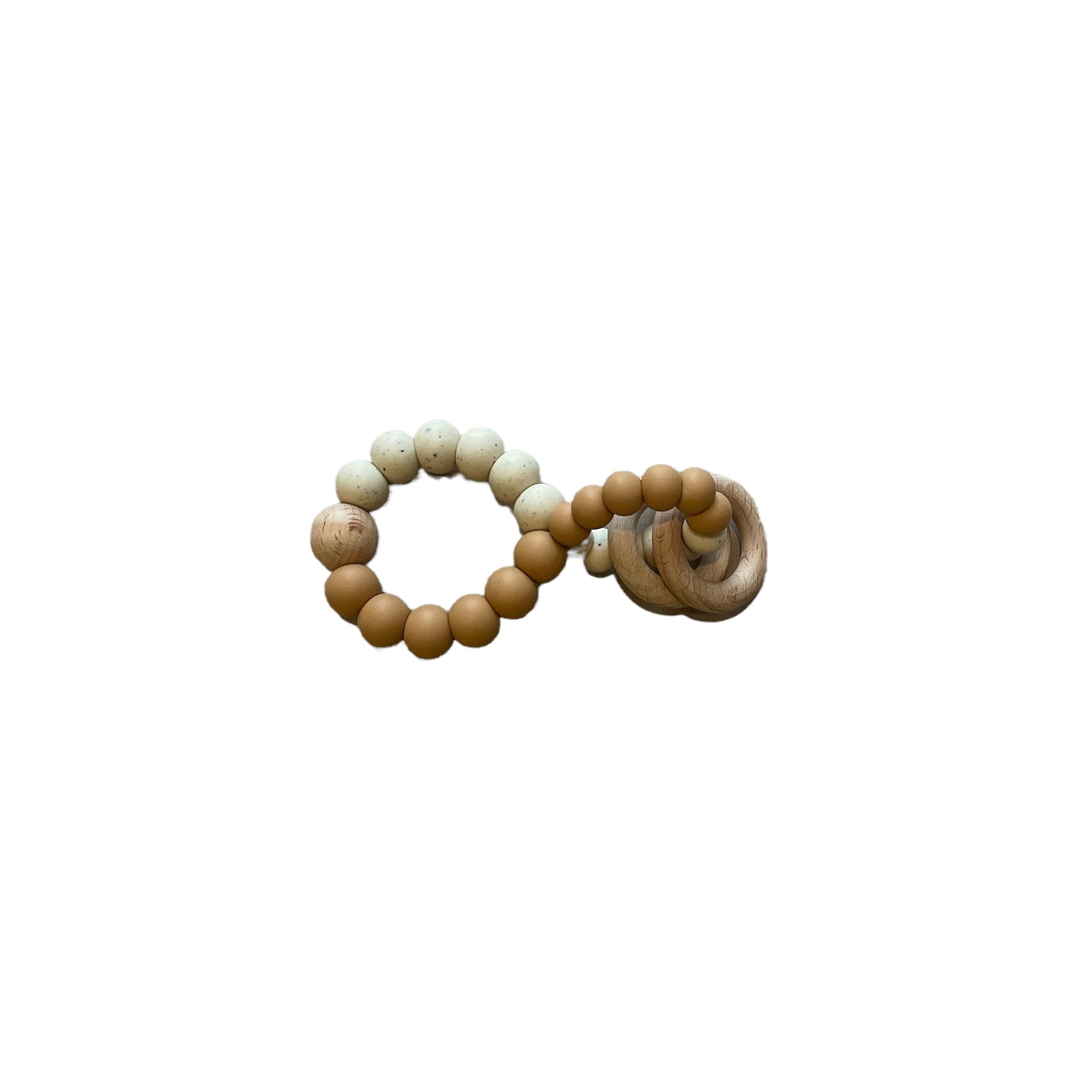 Wooden baby teething ring with beads on a white background