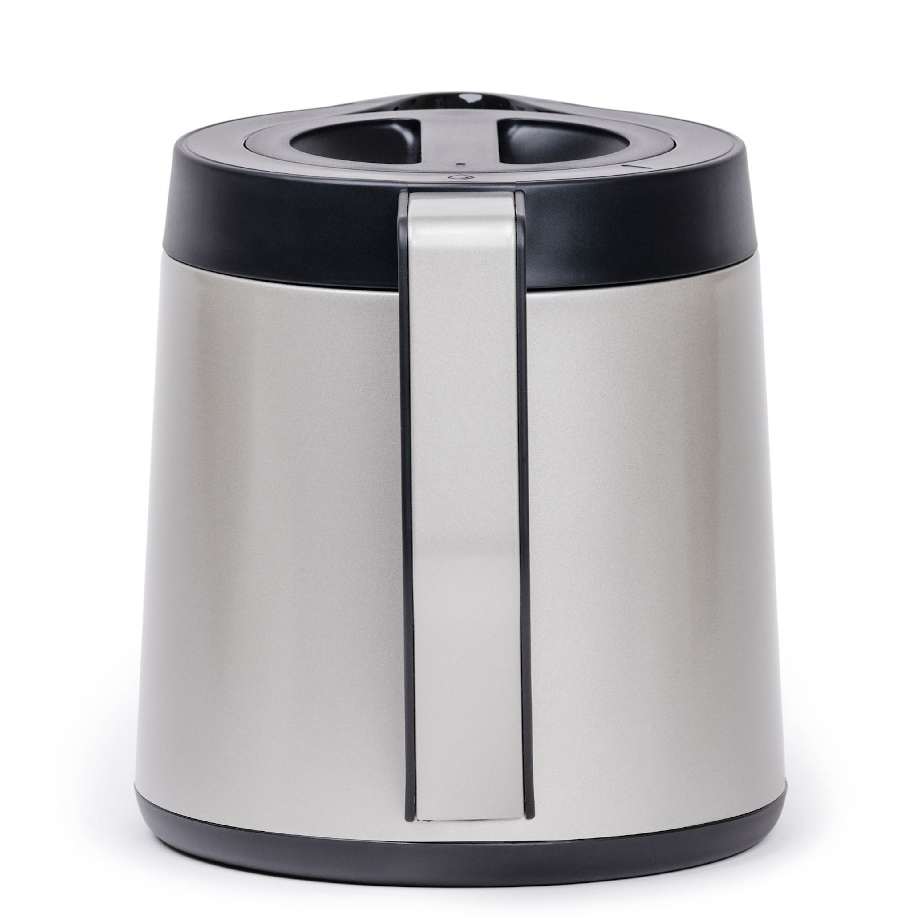Silver and black cylindrical container on a white background