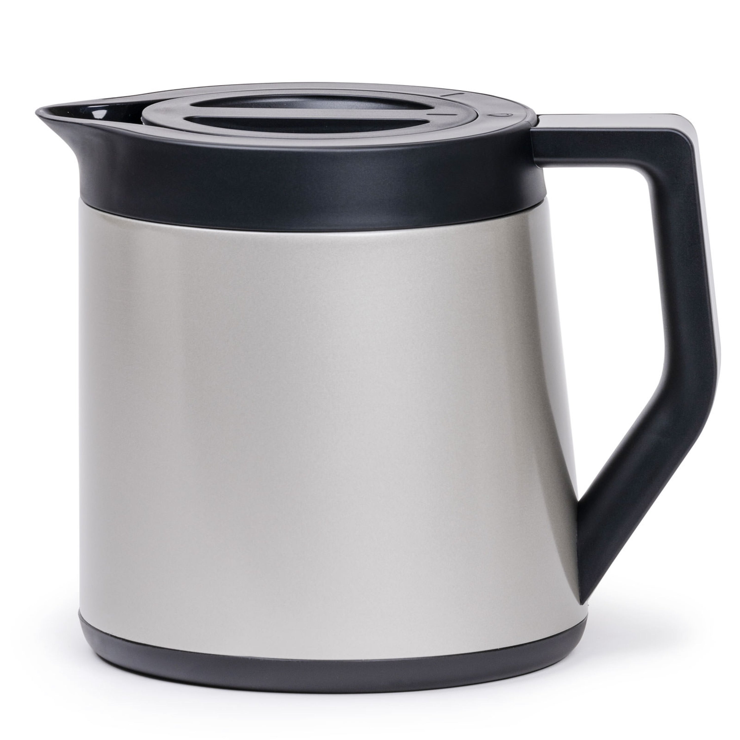 Silver and black thermos with handle on a white background