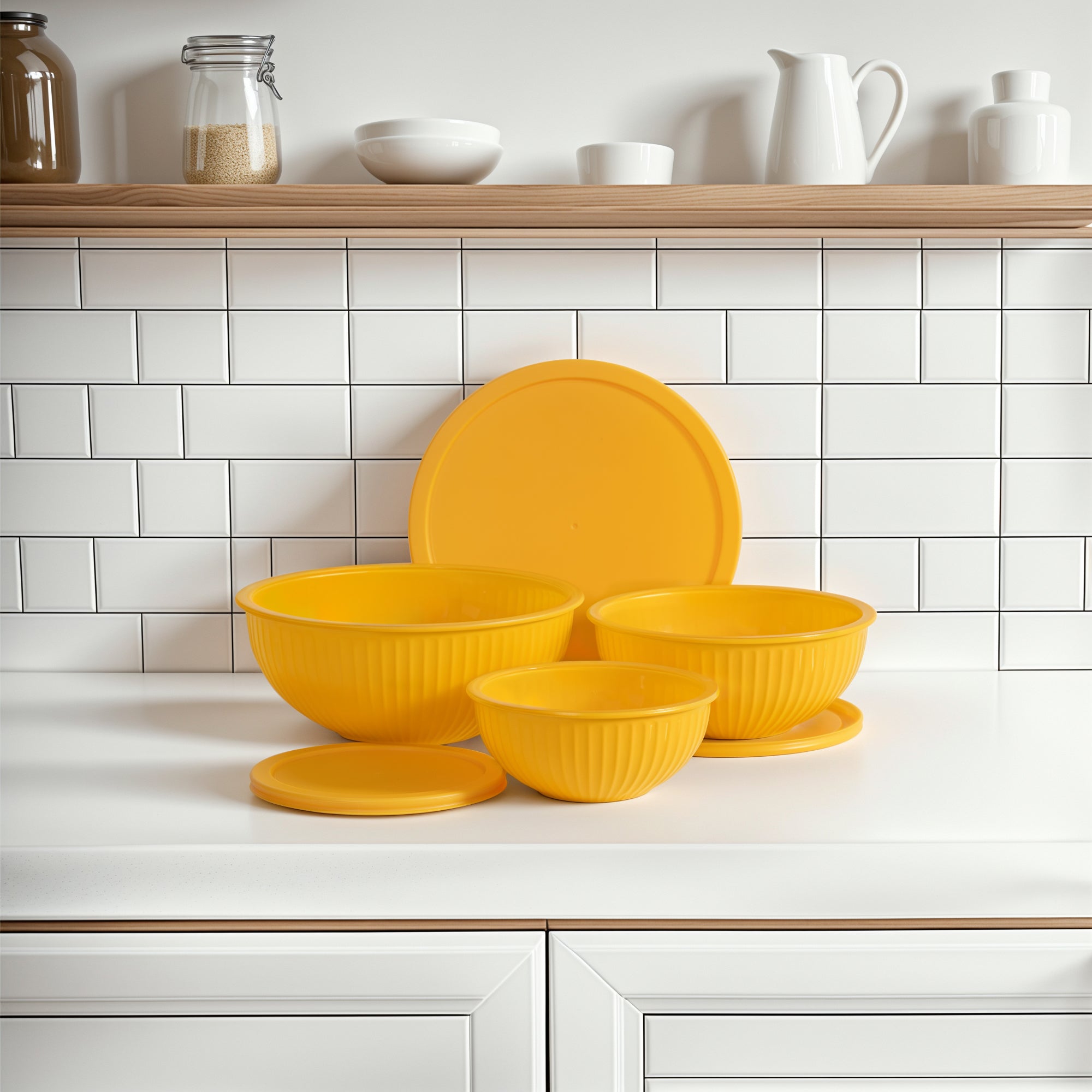 Yellow ceramic bowls with lids on a kitchen counter against a tiled wall.