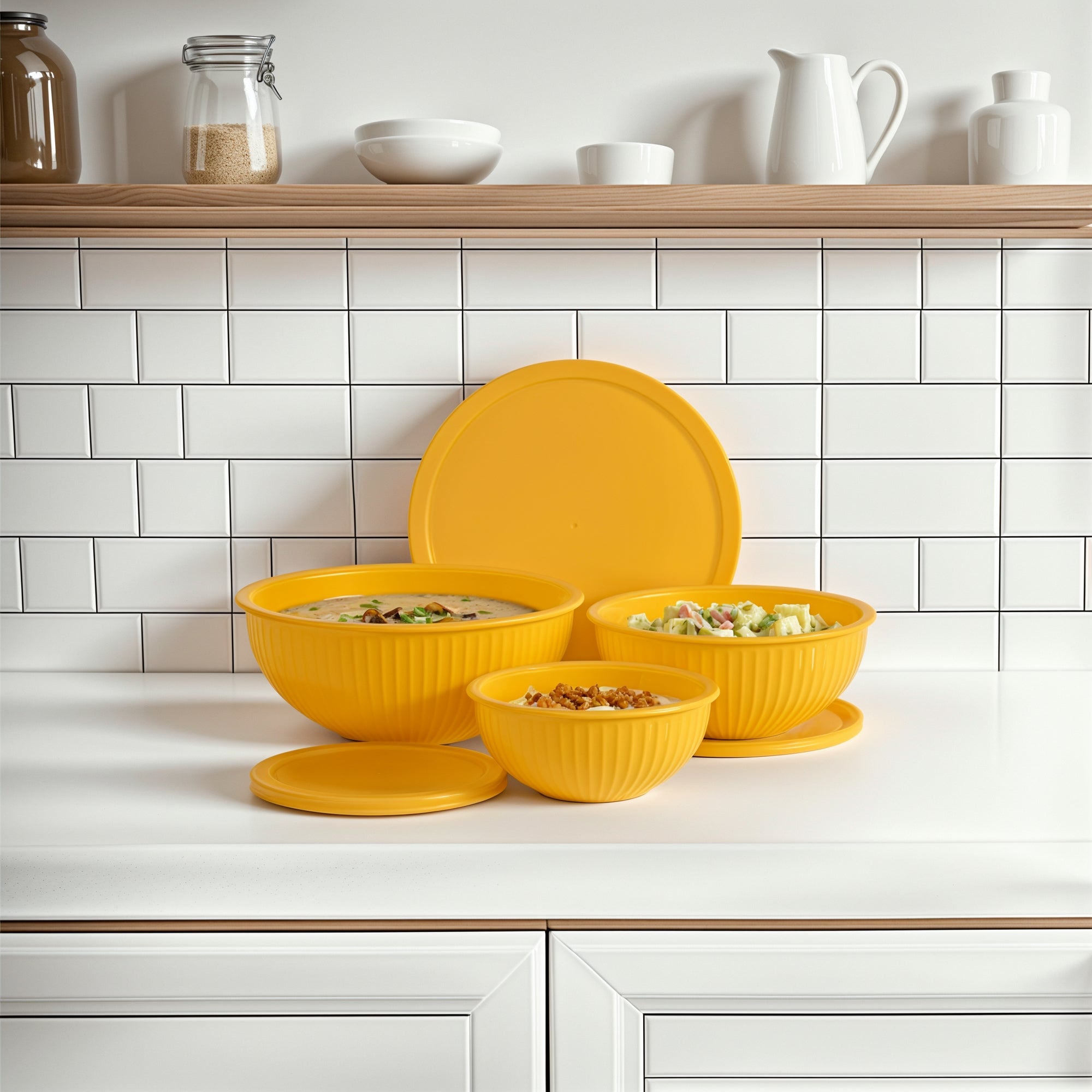 Yellow bowls with lids on a kitchen counter
