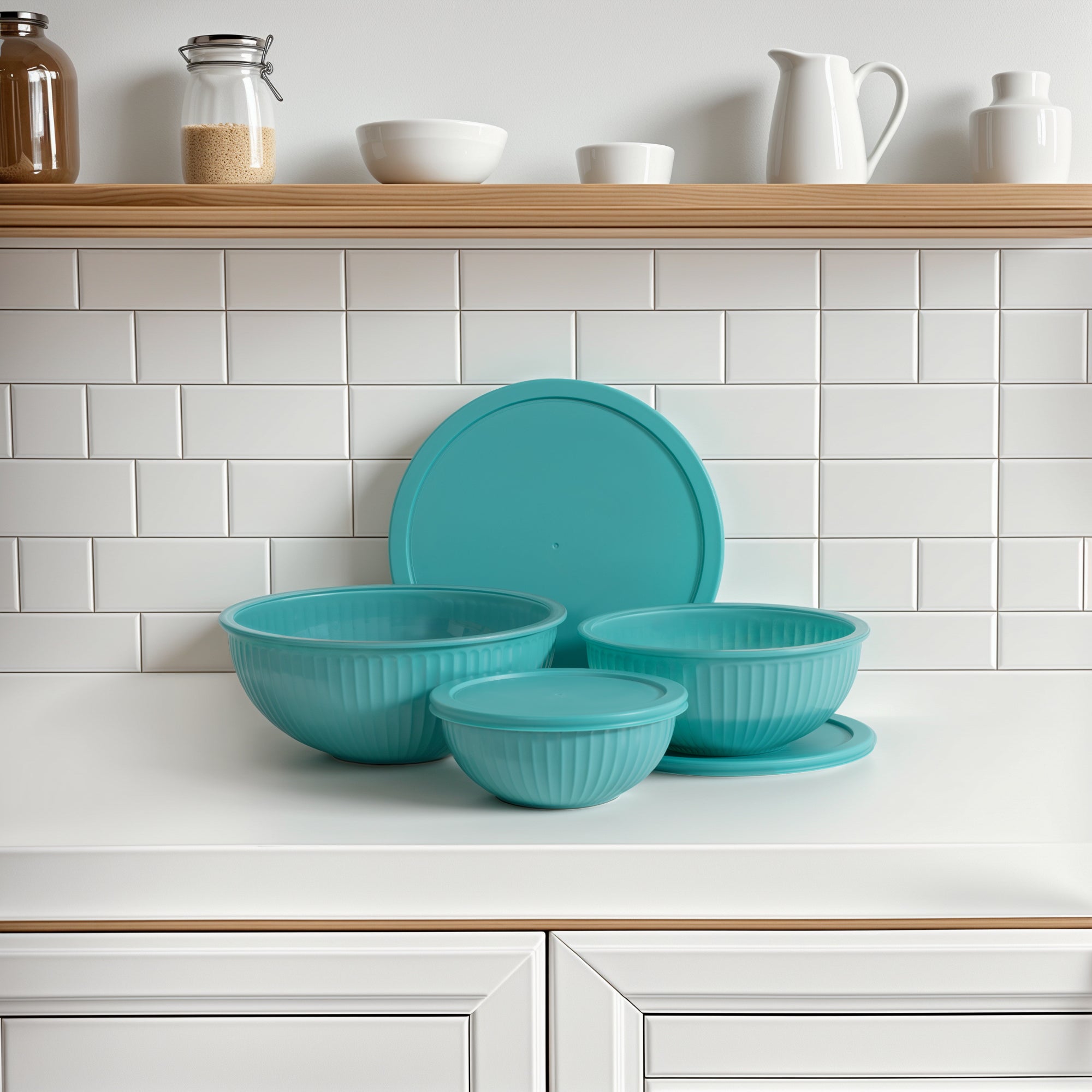 Set of turquoise ceramic dishes on a kitchen counter with a tiled wall background.