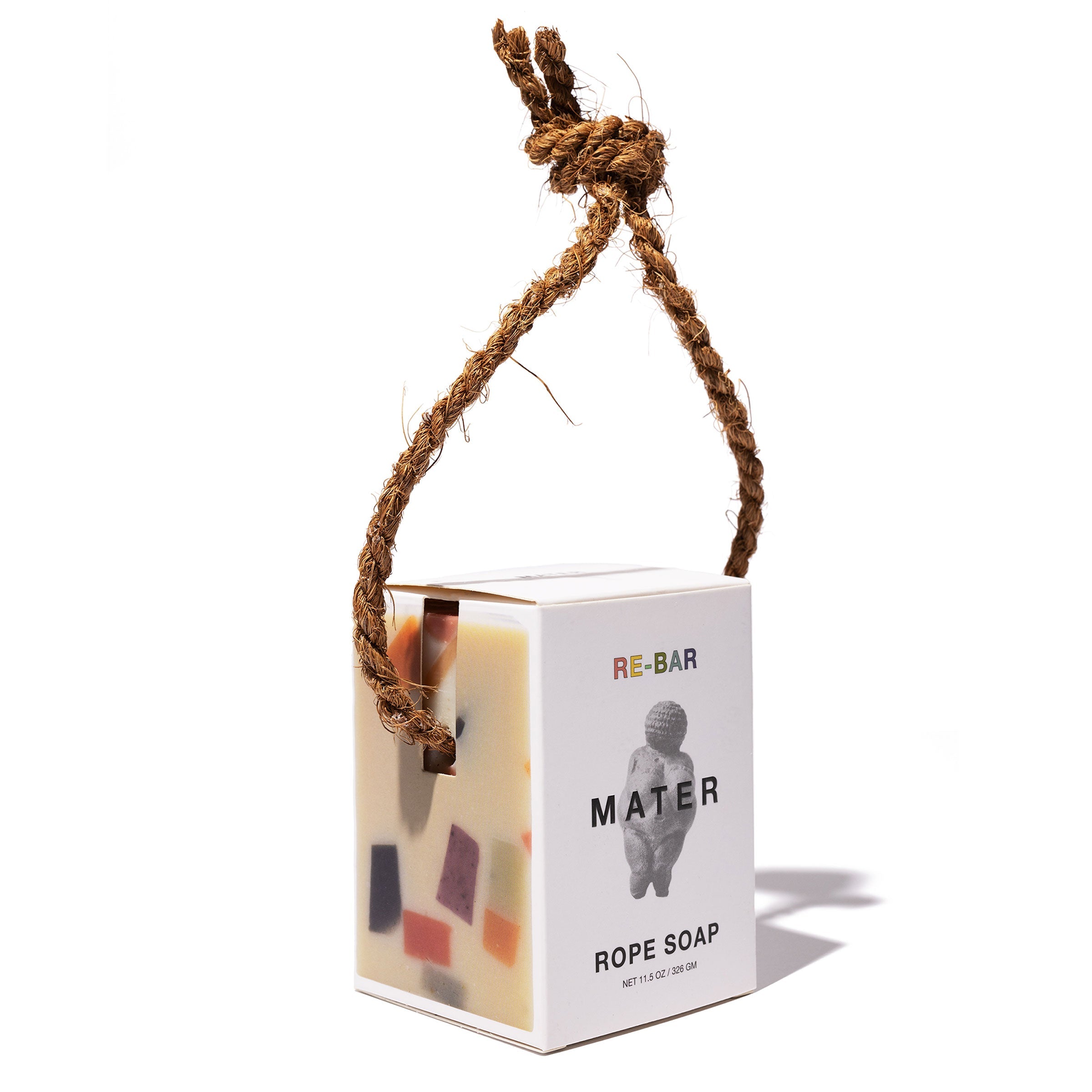 SOAP BAR HANGING ON ROPE WITH BOX LABELLED 'MATER' AND 'RE-BAR'.