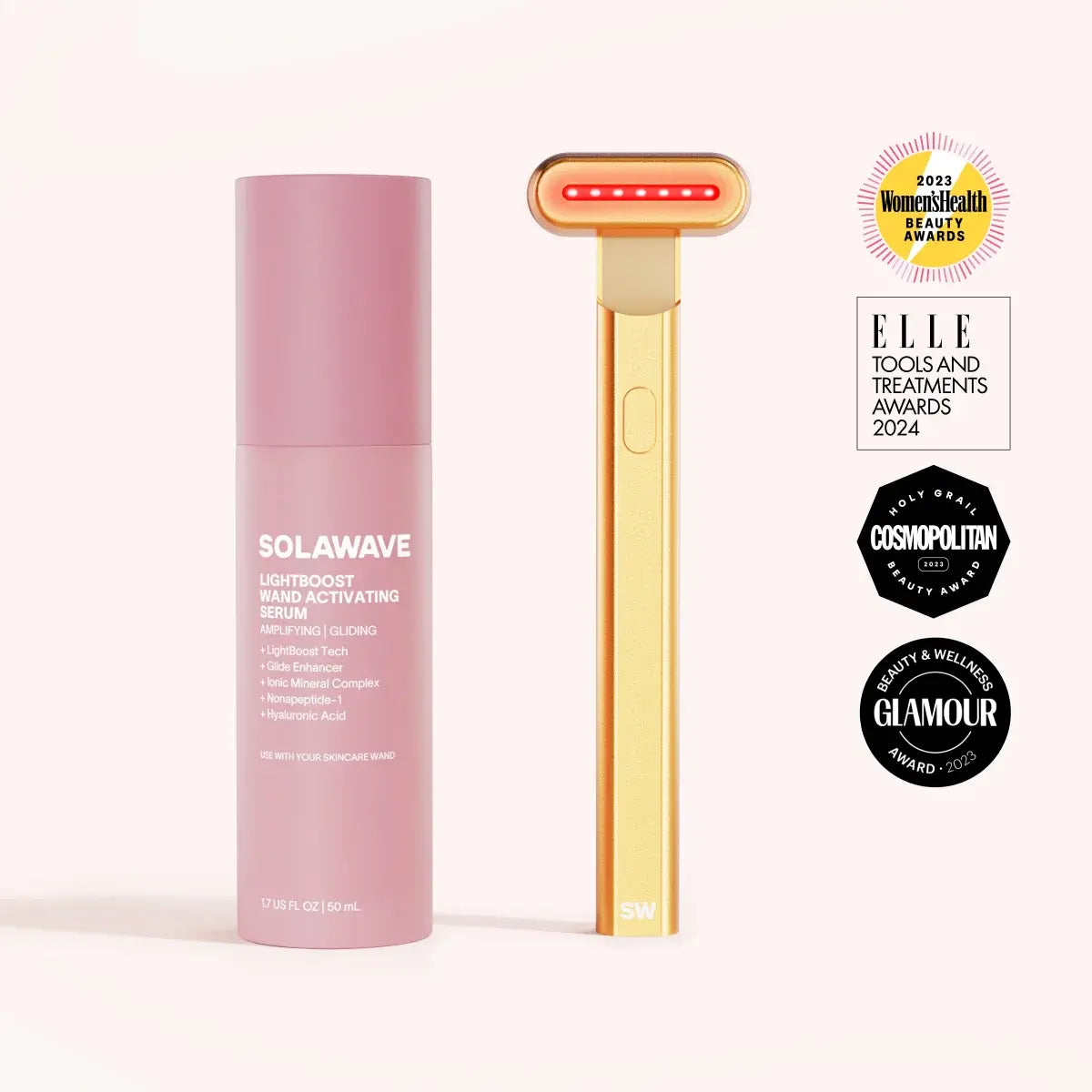 Solawave 4-in-1 Red Light Therapy Wand and activating serum kit in gold