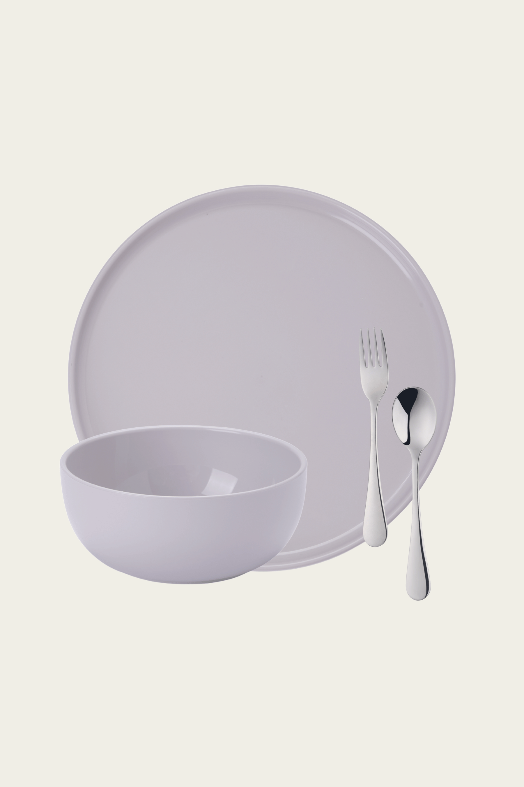 White ceramic dinner set with plate, bowl, and fork on a light beige background